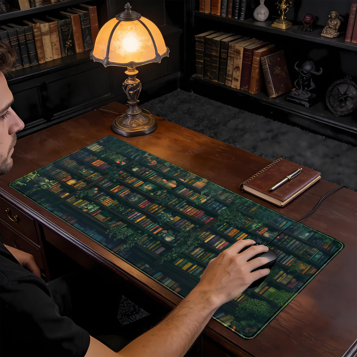 Green Leaves Desk Pad Extended Mouse Mat, Plant Bookshelf Gaming Desk Mat, Large Laptop Keyboard