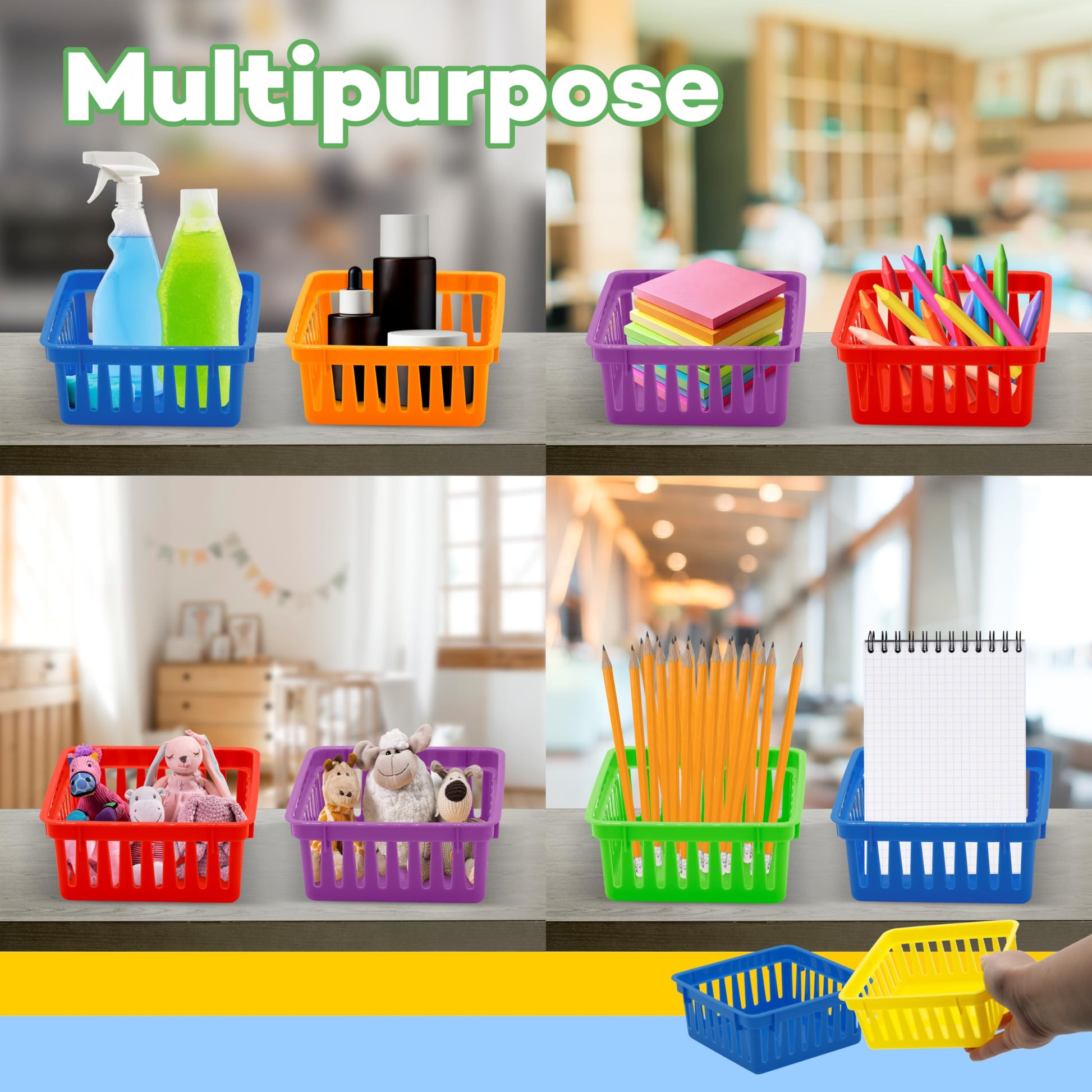 4E's Novelty 12 Pack Small Classroom Storage Baskets, Square 4.5" Sturdy Plastic Colorful Crayon &