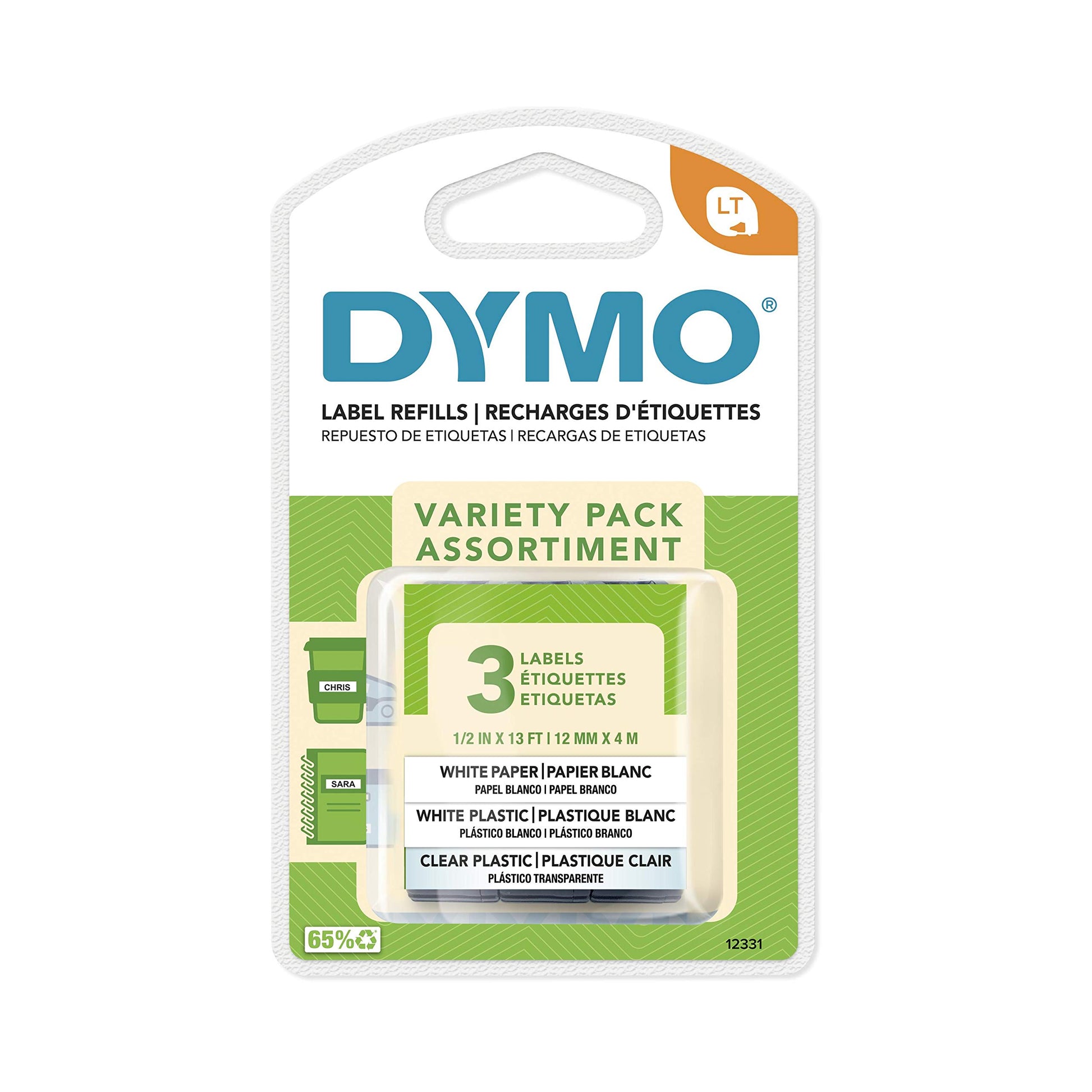 DYMO LT Labels Variety Pack 1/2-Inch x 13-Foot Rolls Black Print 3 Rolls for LetraTag Label Makers