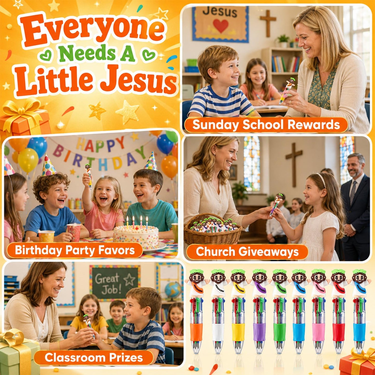 SZCECHRE 48 PCS Christian Jesus Pens 4 Color Multicolor Ballpoint Pens with Cute Jesus Design