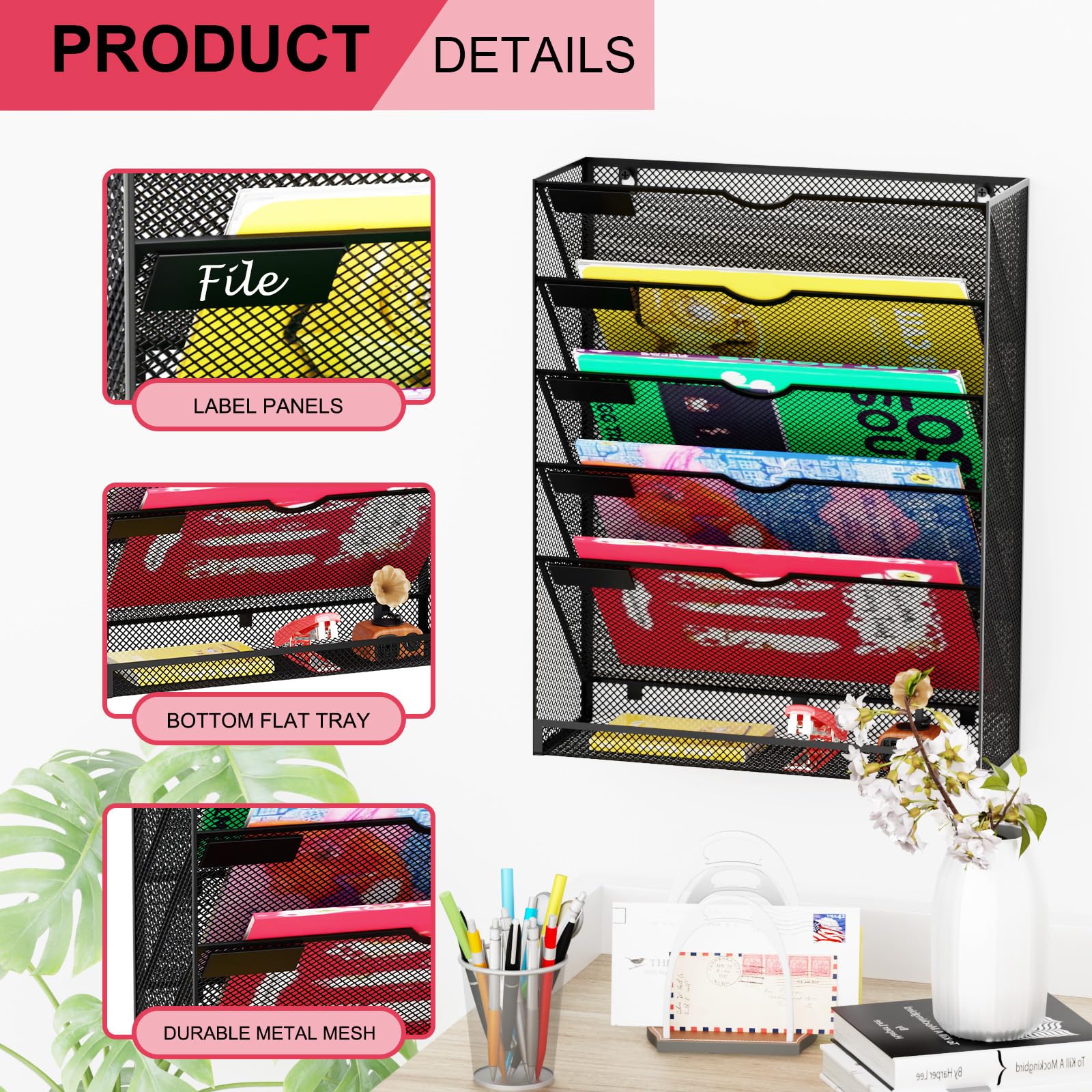 GDINDINFAN Hanging Wall File Organizer 6 Tier Wall Mounted Mail Paper Folder Holder Document