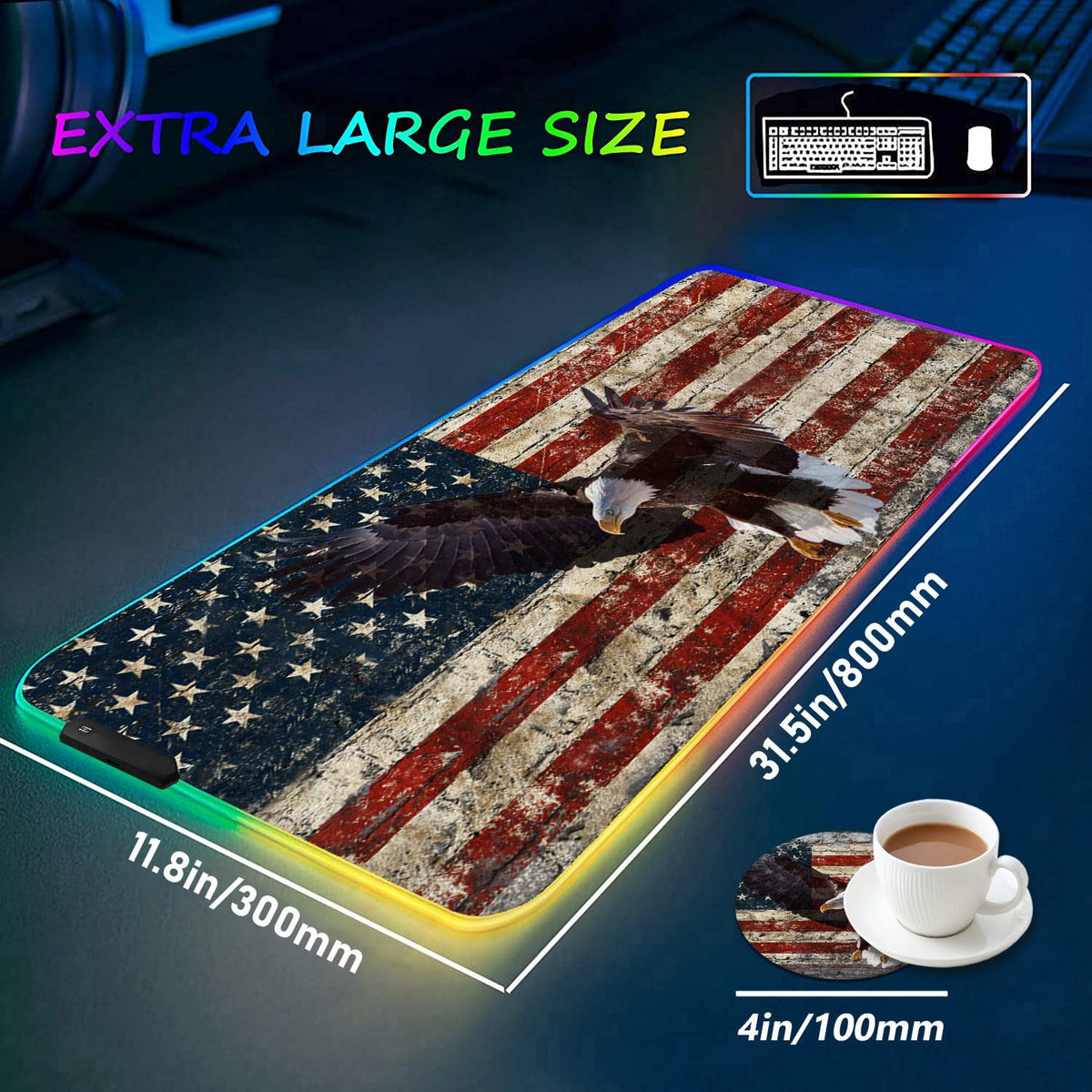 RGB Gaming Mouse Pad with Coffee Coaster, XXL Large Glowing LED Mousepad, Anti-Slip Rubber Base