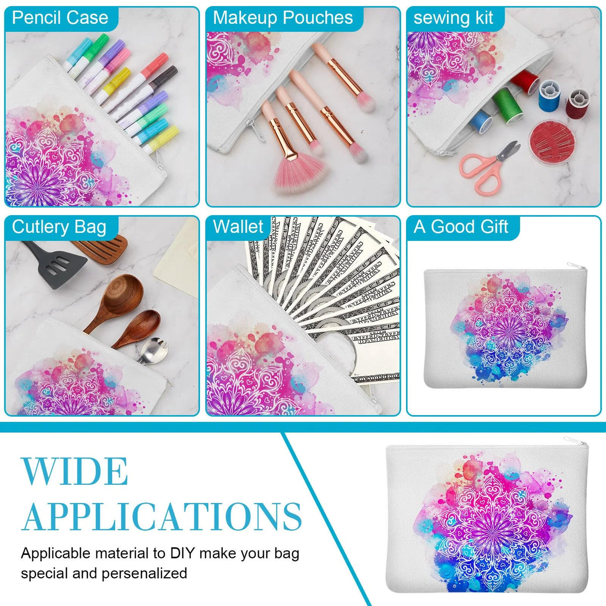 Frienda 100 Pcs Sublimation Blank Canvas Makeup Bags Bulk DIY Heat Transfer Canvas Pen Case Pencil