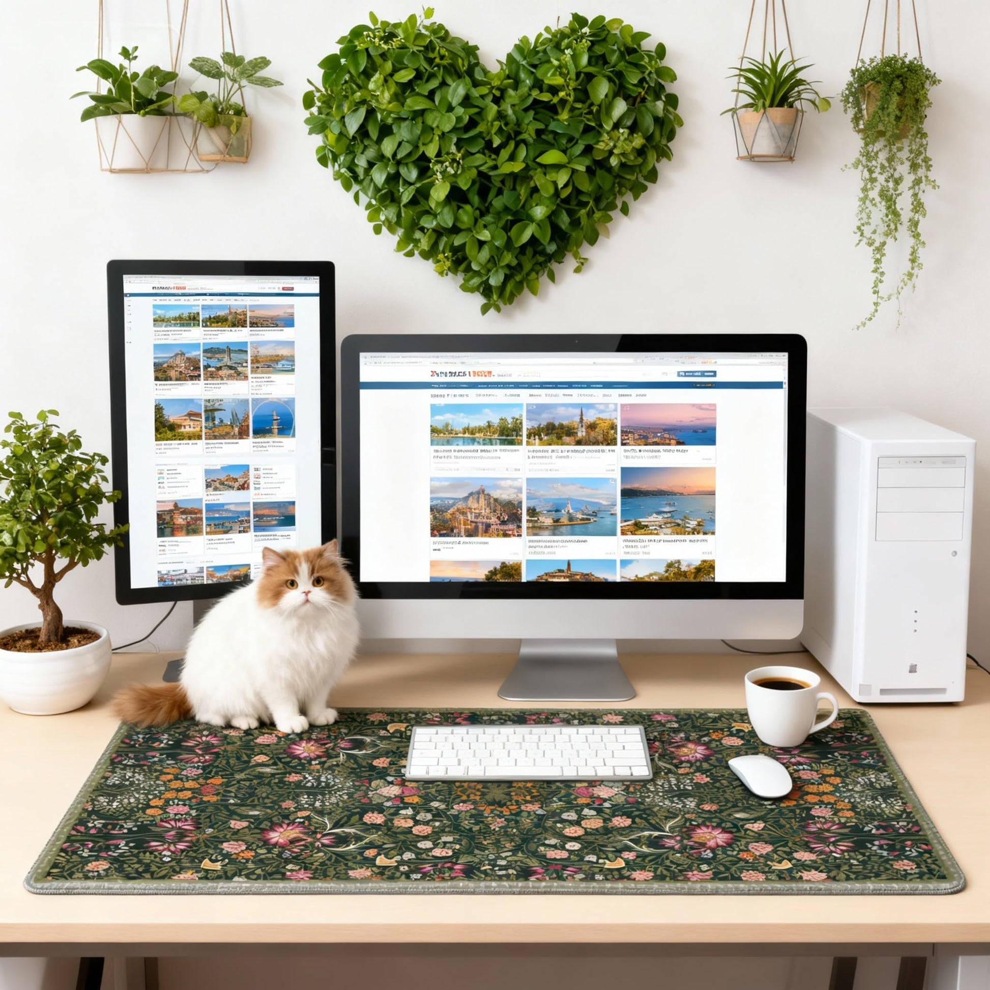 Dark Green Floral XXL Desk Mat, Extra Large Mouse Pad with Anti-Slip Base & Stitched Edges for