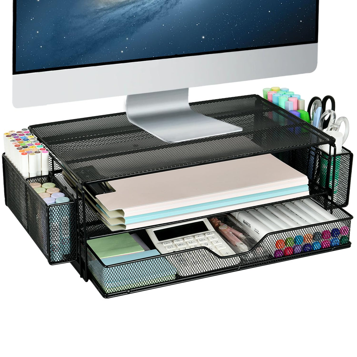 AUPSEN 2 Tier Computer Monitor Stands with Drawer and 2 Pencil Holder, Metal Monitor Stand Monitor