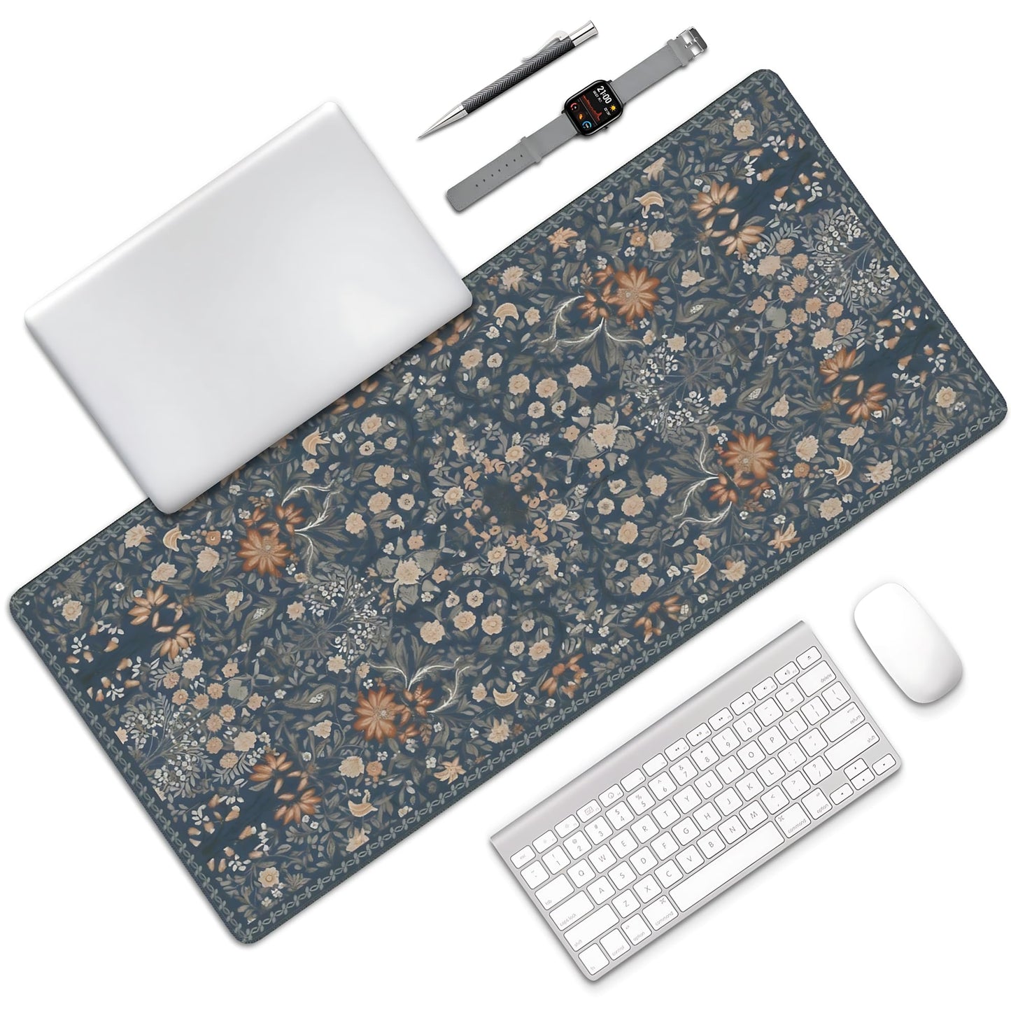 Floral Aesthetic Wildflower Gaming Mouse Pad, Blue Pink Rug Desk Mat with Anti-Slip Base & Stitched