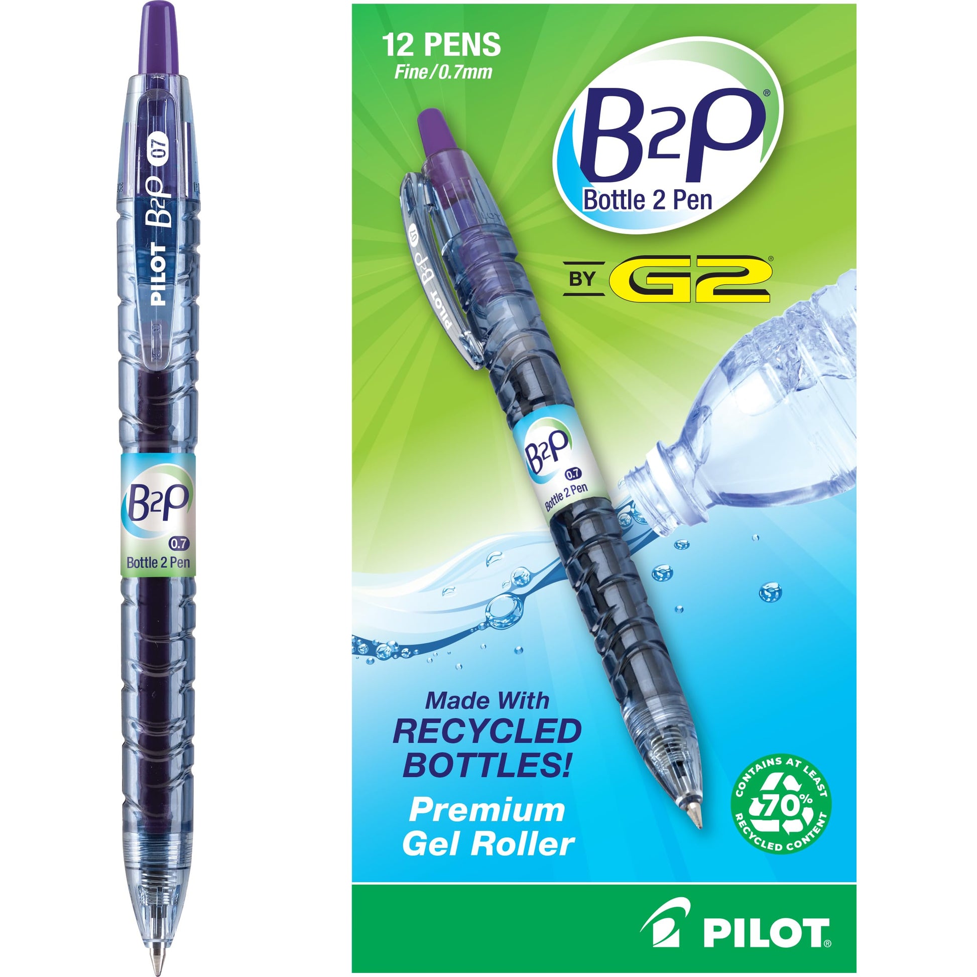 PILOT B2P Bottle to Pen Ball Point Pen, Medium 1.0mm, Purple Ink, Box of 12