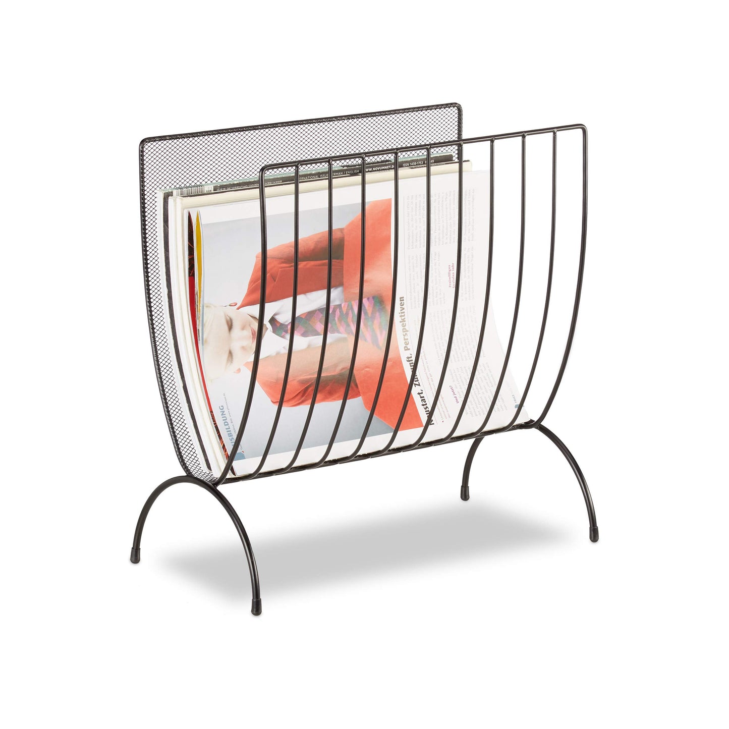 Relaxdays Mesh Newspaper Stand, Metal Newspaper Bin, Freestanding Rack, H x W x D 35 x 34 x 18 cm