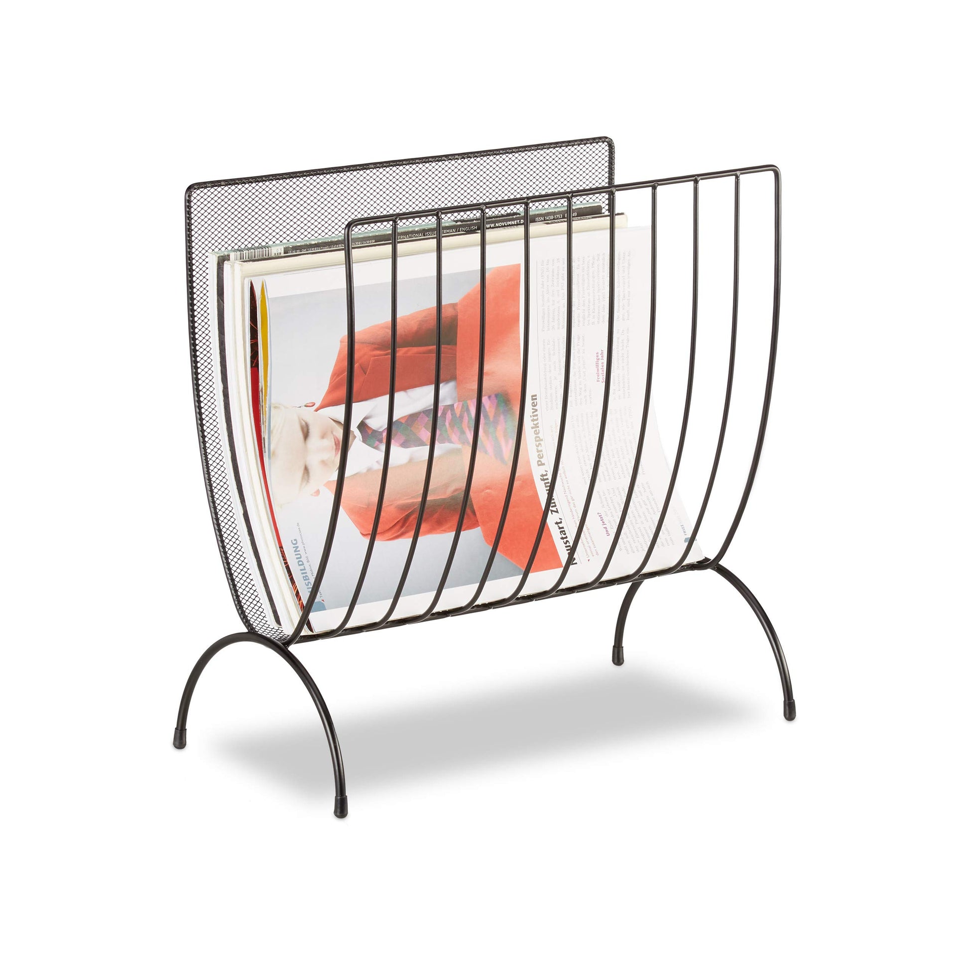 Relaxdays Mesh Newspaper Stand, Metal Newspaper Bin, Freestanding Rack, H x W x D 35 x 34 x 18 cm
