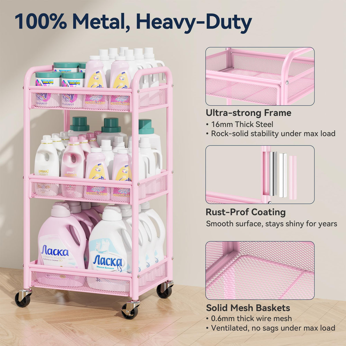 YASONIC 3 Tier Metal Rolling Cart, Pink Utility Storage Cart with Wheels