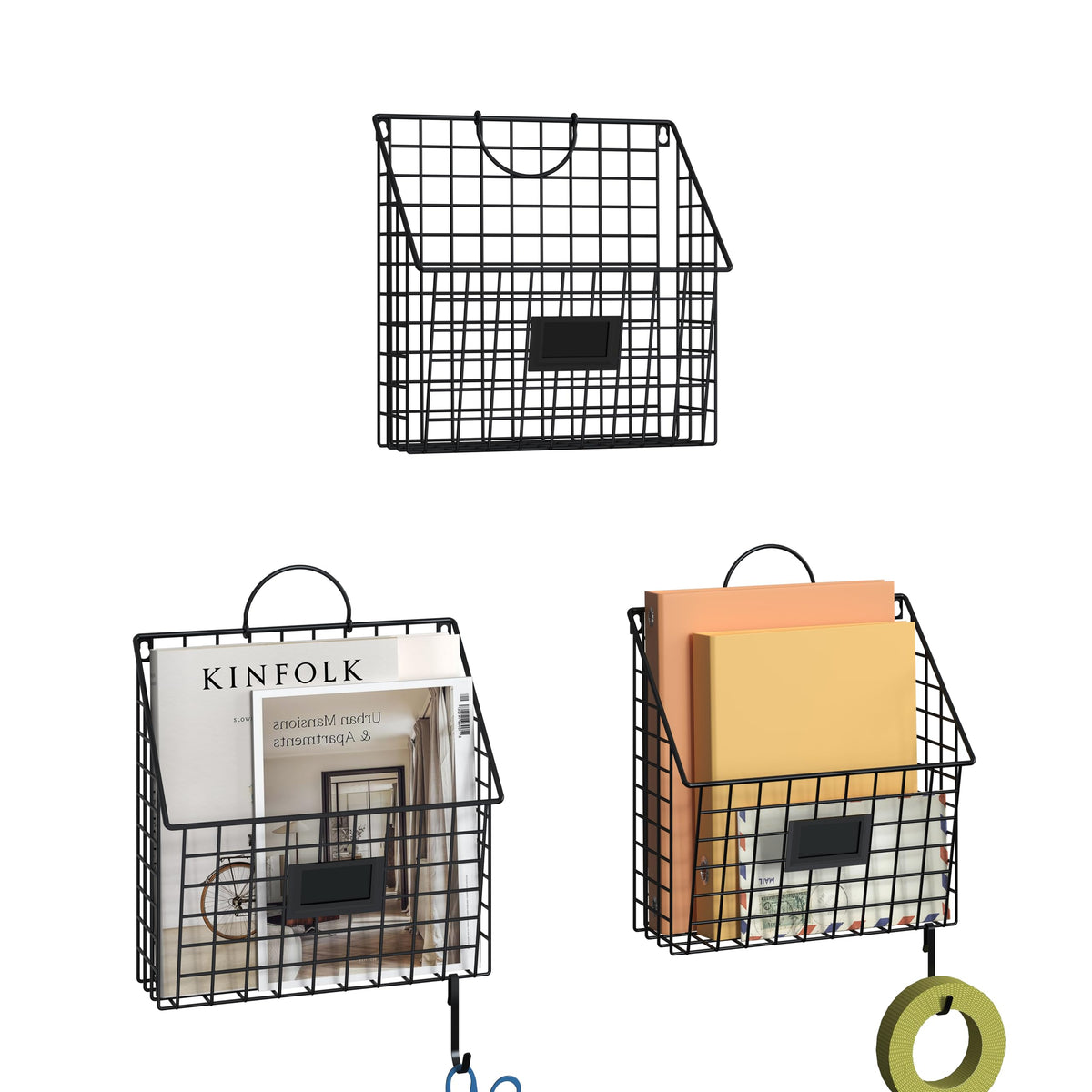 3 Packs Hanging Wall File Organizer with Hooks, Magazine Rack ,Mail Basket