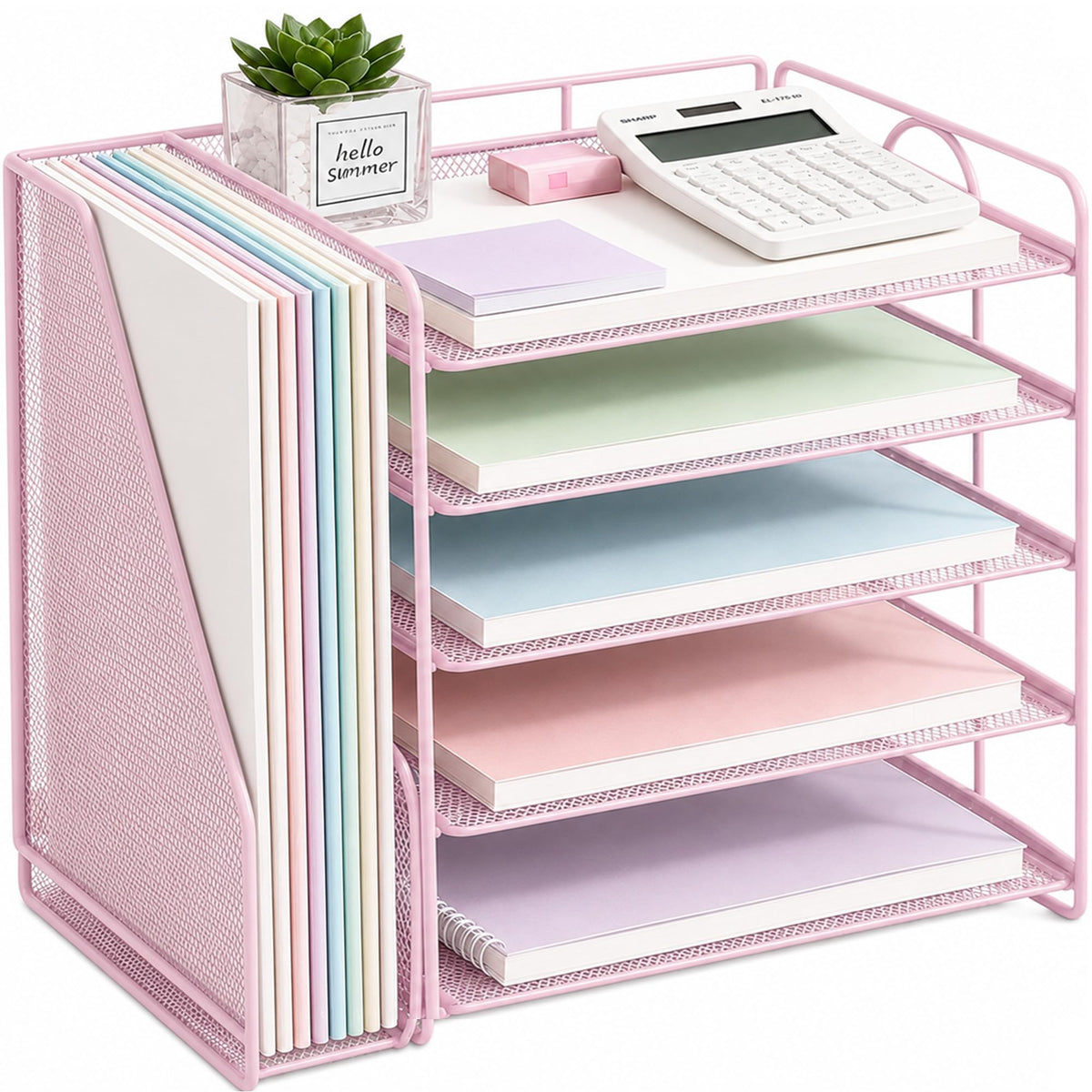OPNICE Desk Organizer, 5-Tier Paper Organizer Letter Tray, Pink