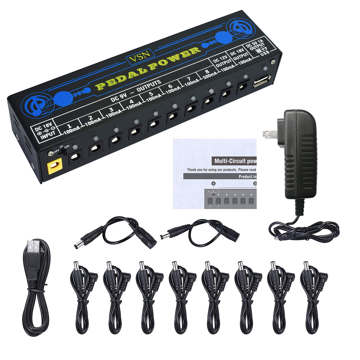 VSN Guitar Pedal Power Supply 10 Isolated DC Output for 9V/12V/18V Guitar Bass Effect Pedals with
