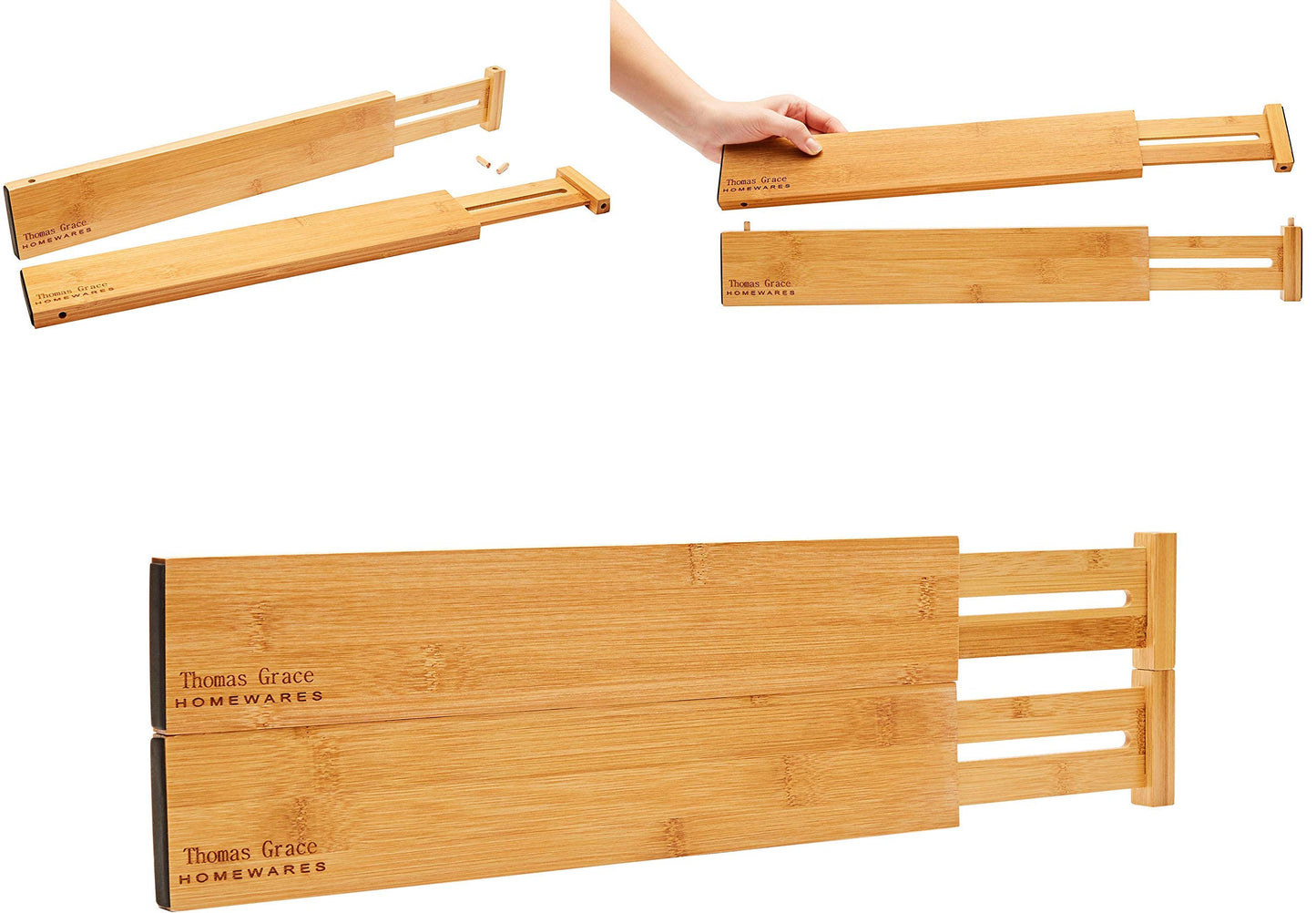 Thomas Grace Homewares Bamboo Kitchen Drawer Organizer Divider Stackable for Deep Drawers. (Set-of