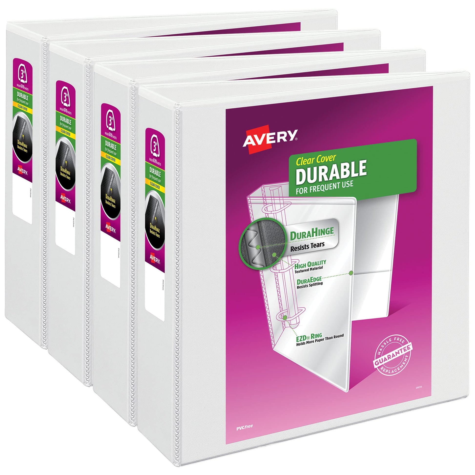 Avery® Durable View 3 Ring Binders, 3" EZD® Rings, 4 White Binders