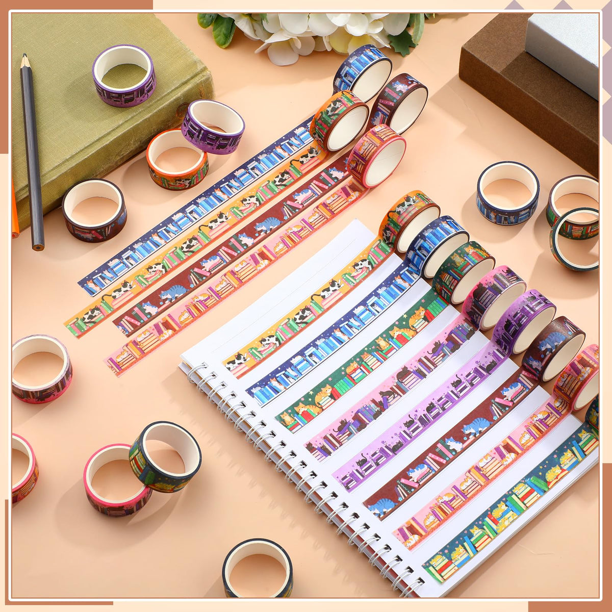 Janlaugh 24 Rolls Book Washi Tape Back to School Crafting Gifts, Cat