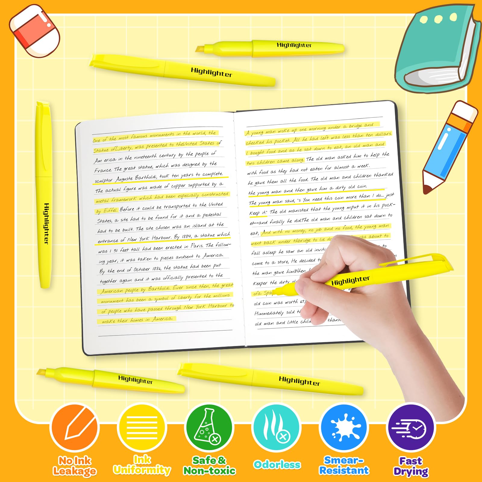 JSDOOGOO 150 Pack Yellow Highlighters Bulk - Chisel Tip No Bleed Dry-Quickly Markers Set for Office