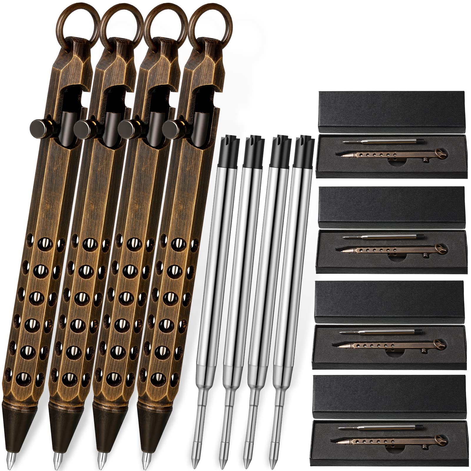 Chinco 12 Pcs Bolt Action Pen Sets Gift for Men 4 Hexagon Solid Brass Pens 8 Ink Refills Edc Pen