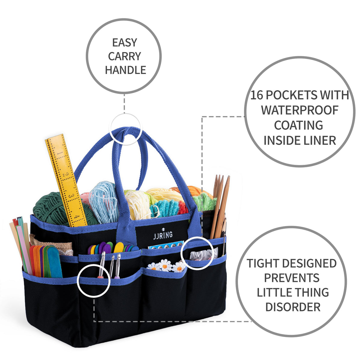 JJRING 600D Nylon Craft & Art Organizer Tote Bag With Pockets, Blue