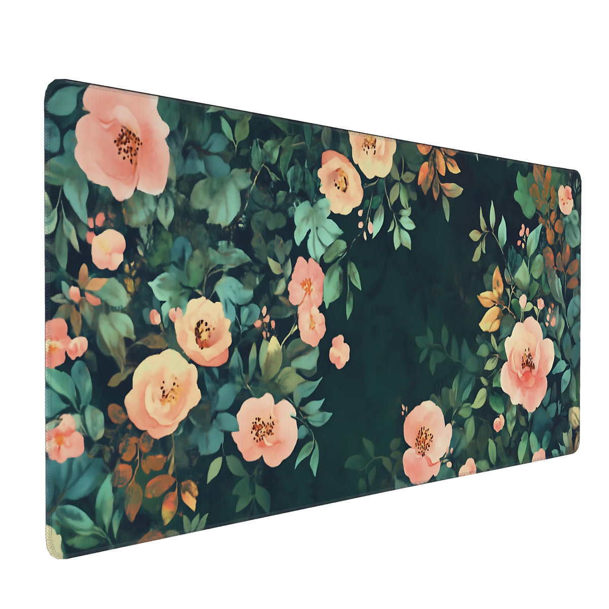 Cute Floral Aesthetic Rose Gaming Mouse Pad, Forest Green Moody Forest Desk Mat with Anti-Slip Base