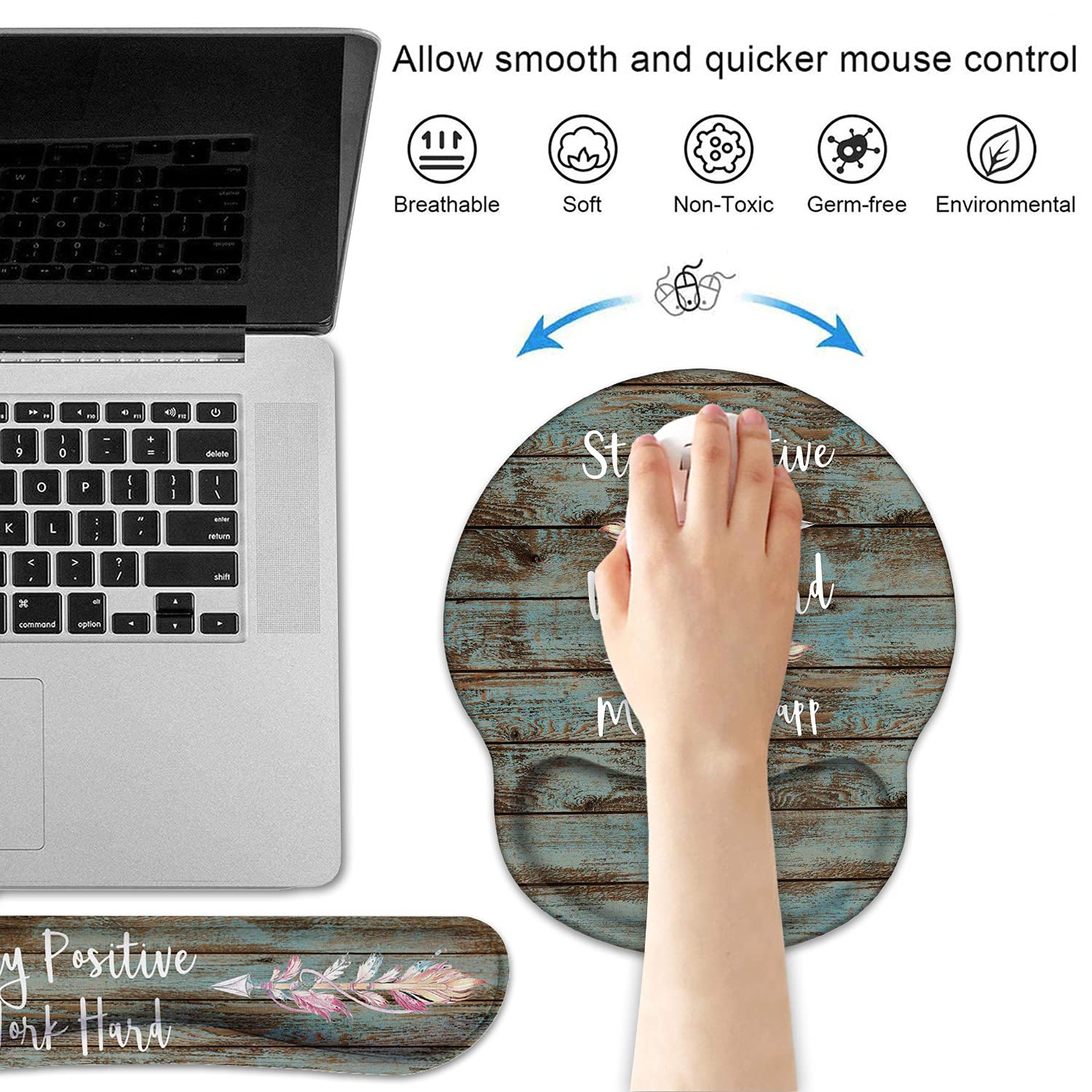 Keyboard Wrist Rest and Mouse Pad Wrist Rest Support Set with Coasters, Stay Positive Work Hard and