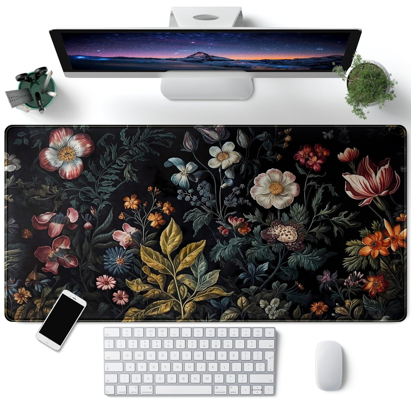 Floral Desk Mat Dark Vintage Aesthetic Desk Pad Flower Plant Black Extended Mouse Pad Large Gaming