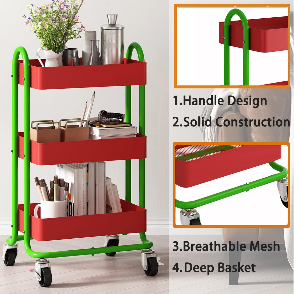 Elitehouse Metal Rolling Cart,3-Tier Metal Rolling Cart with Wheels,3 Tier Utility Cart with Wheels