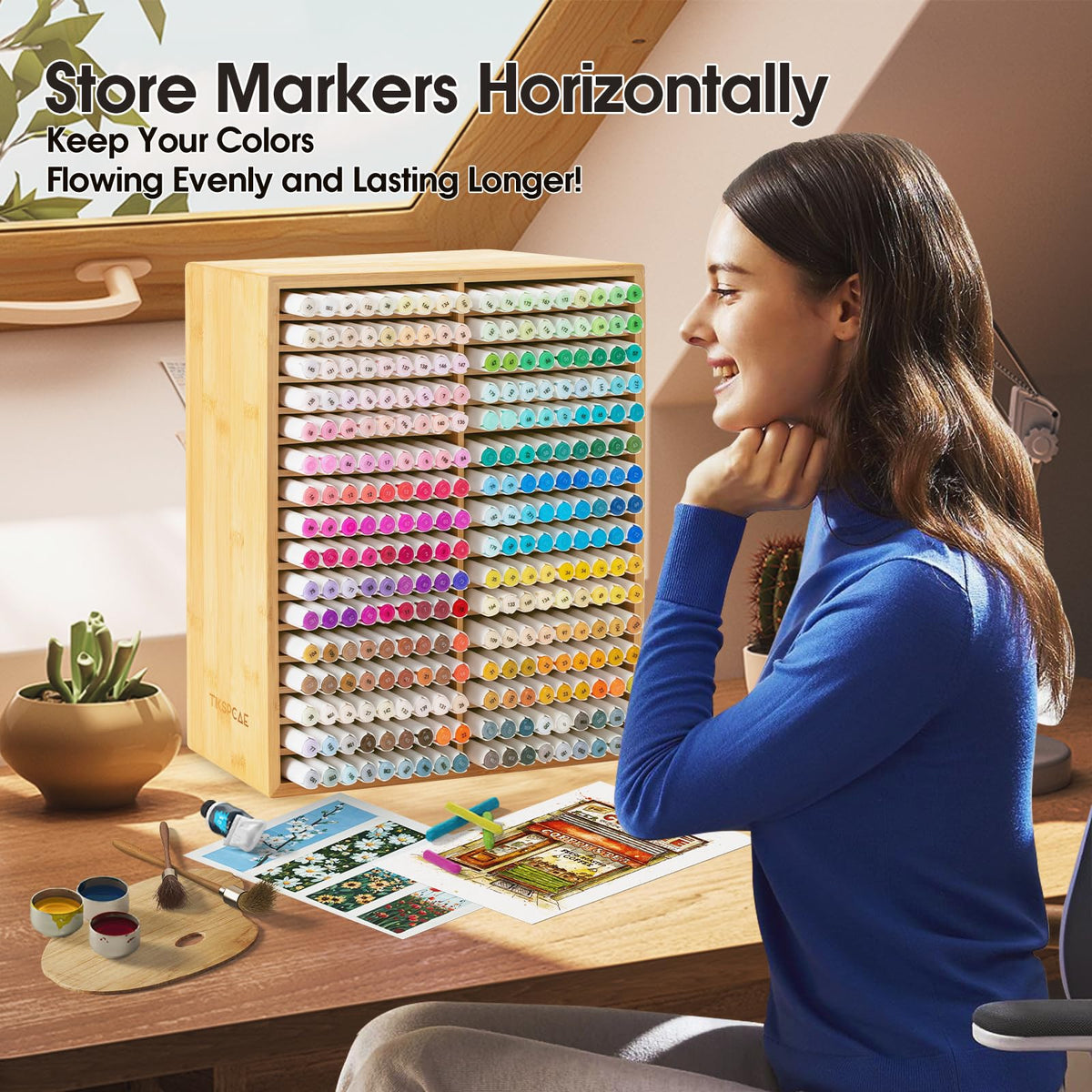 TIKSPCAE Marker Organizer for 288 Markers,Bamboo Wooden Desk Storage Organizer Rack,Markers Pens