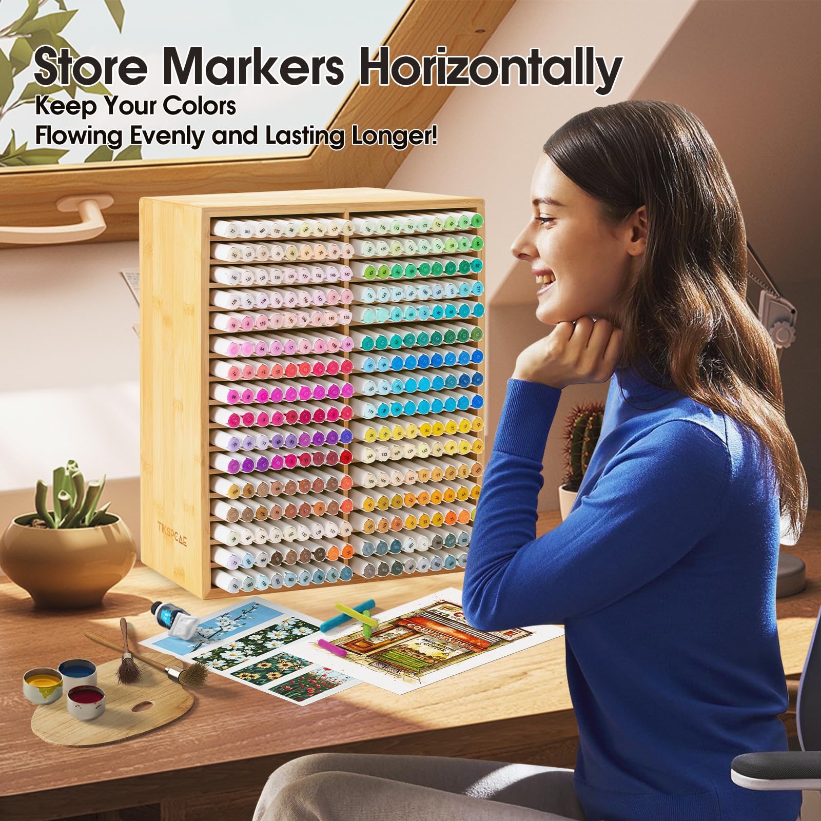 TIKSPCAE Marker Organizer for 288 Markers,Bamboo Wooden Desk Storage Organizer Rack,Markers Pens
