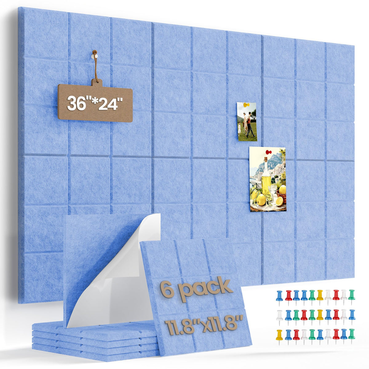 Uoisaiko Large Cork Board Felt Board Tiles for Walls with 30 Push Pins, 11.8"x11.8" Pack of 6 Pin