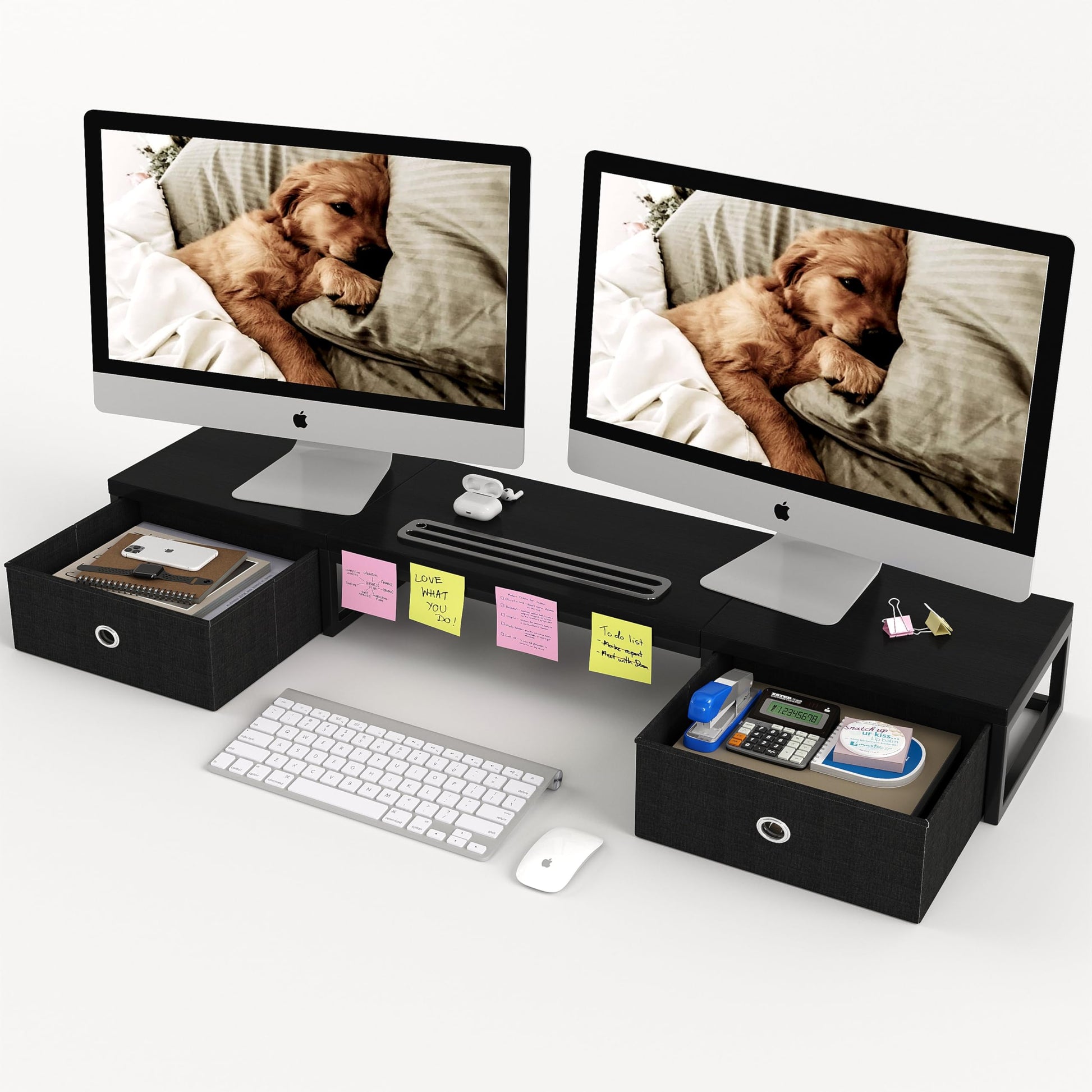 39 Inch Dual Monitor Stand Riser with 2 Drawers - Large Black Wooden Computer Stand for 2 Monitors