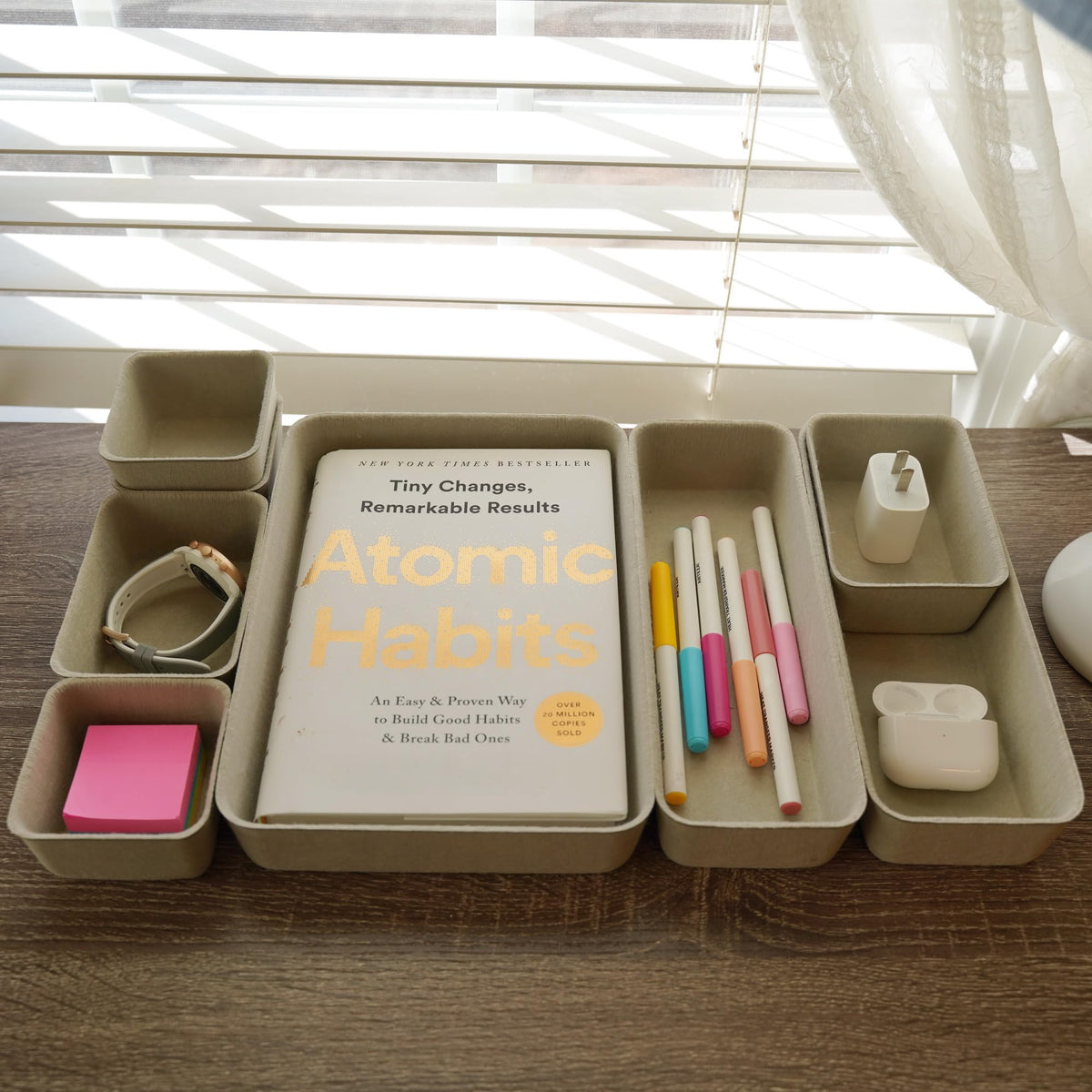 Welaxy Office Felt Desk Drawer Organizer Tray 8pc Stone Natural Storage Bin