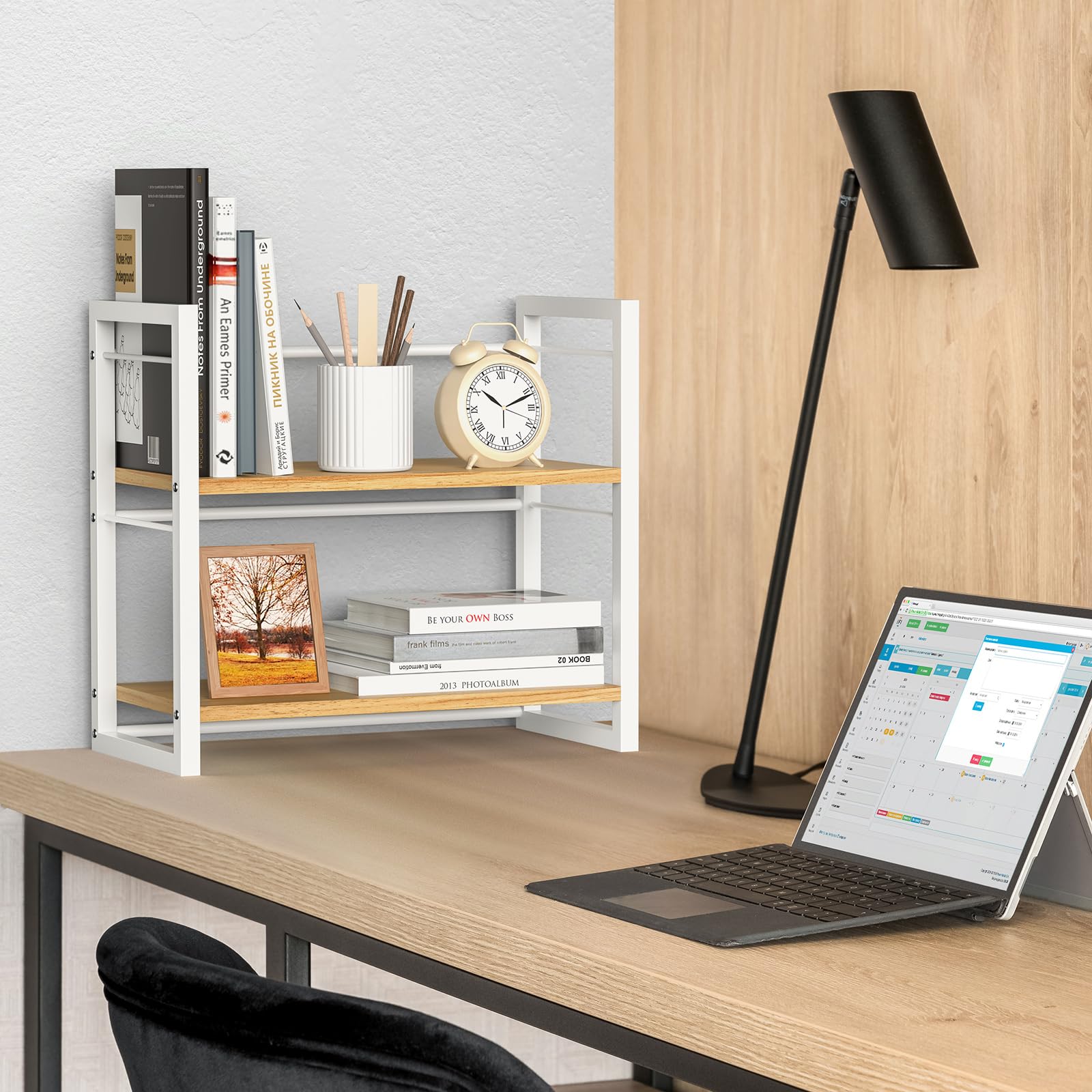 ART-GIFTREE Office Desk Shelf Organizer, Wood Desktop Bookshelf Supplies Storage Rack, Shelf for