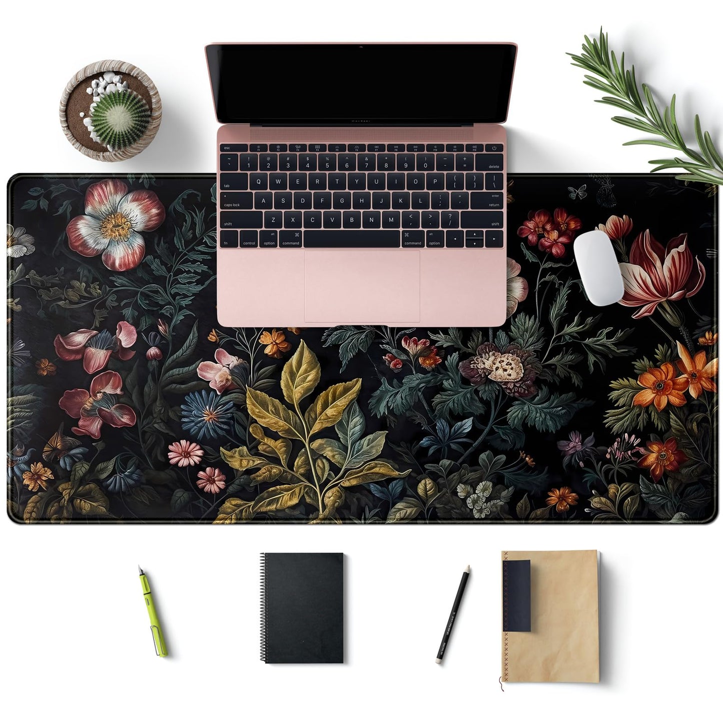 Floral Desk Mat Dark Vintage Aesthetic Desk Pad Flower Plant Black Extended Mouse Pad Large Gaming