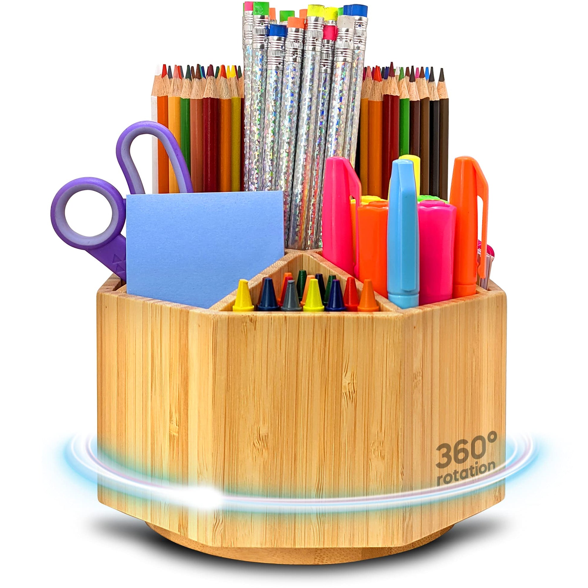 Bamboo Art Supply Organizer - Pencil & Pen Holder - Kids & Adults Desk Organizer - 8 Compartments