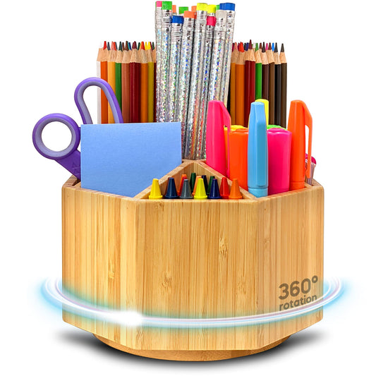 Bamboo Art Supply Organizer - Pencil & Pen Holder - Kids & Adults Desk Organizer - 8 Compartments