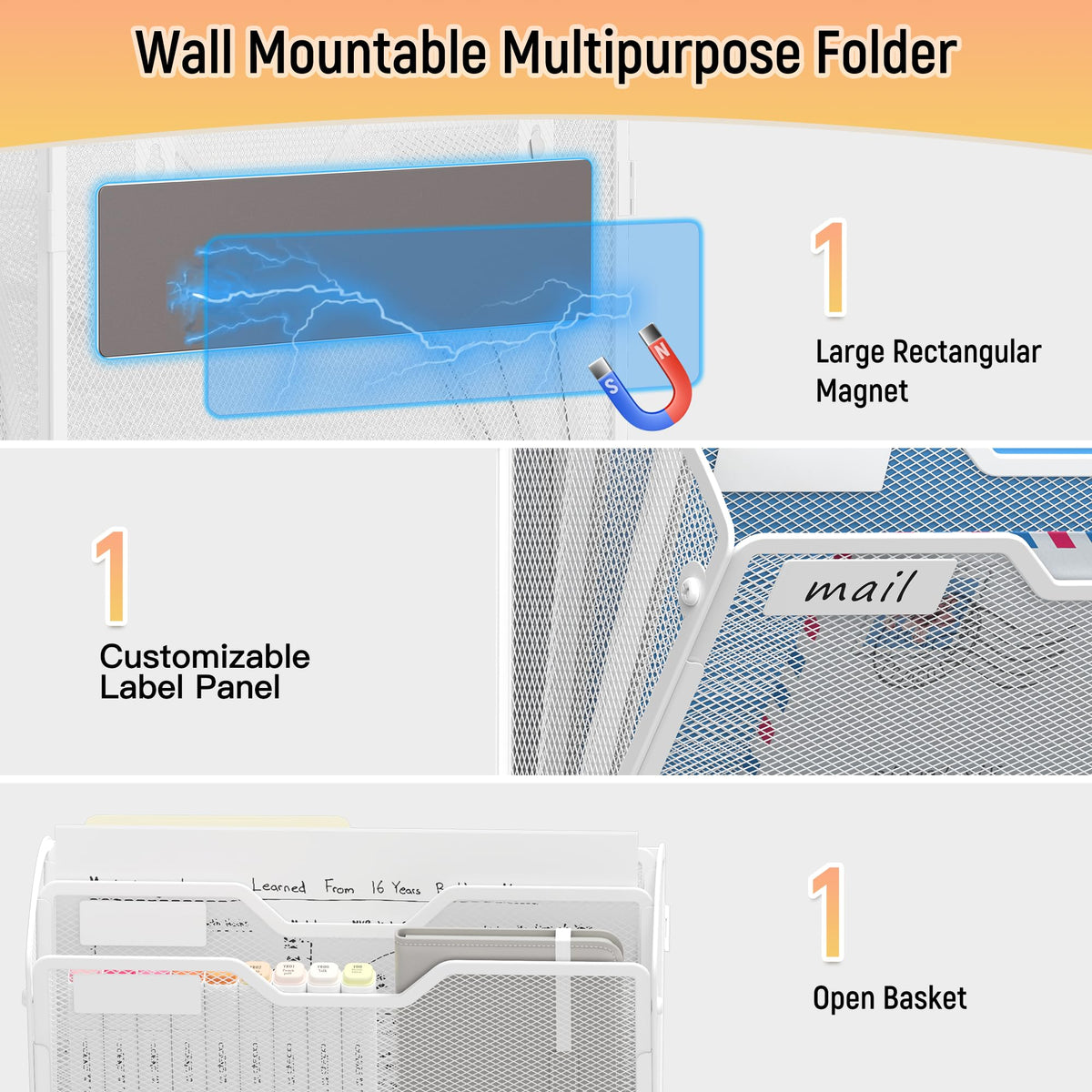 Docnest 3 Pack 3 Tier Dual-Mount Magnetic Mesh File Holders, Wall Organizer