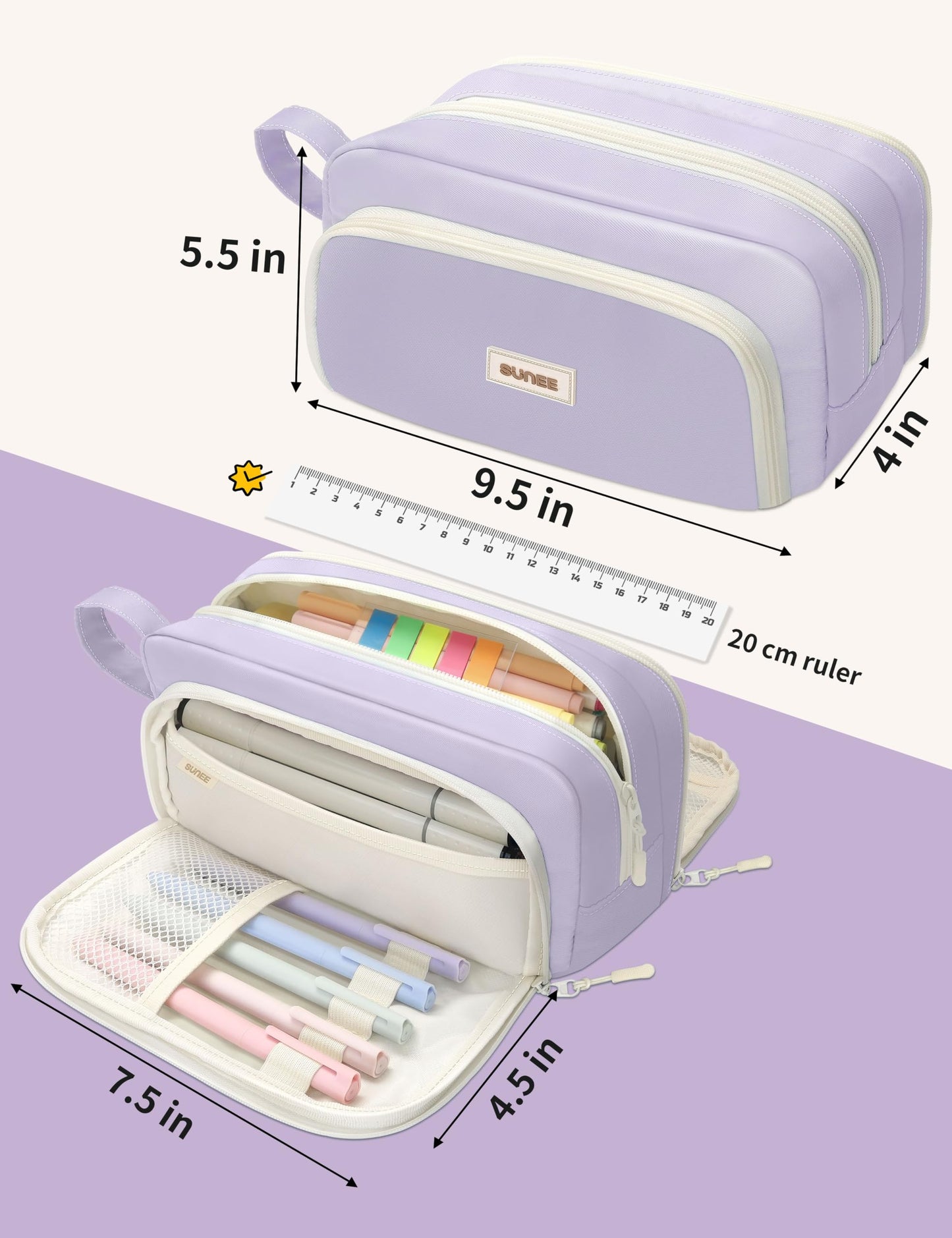 SUNEE Large Pencil Case, Big Capacity Pen Pouch with 3 Compartments, Kawaii Pencil Bag with Zipper