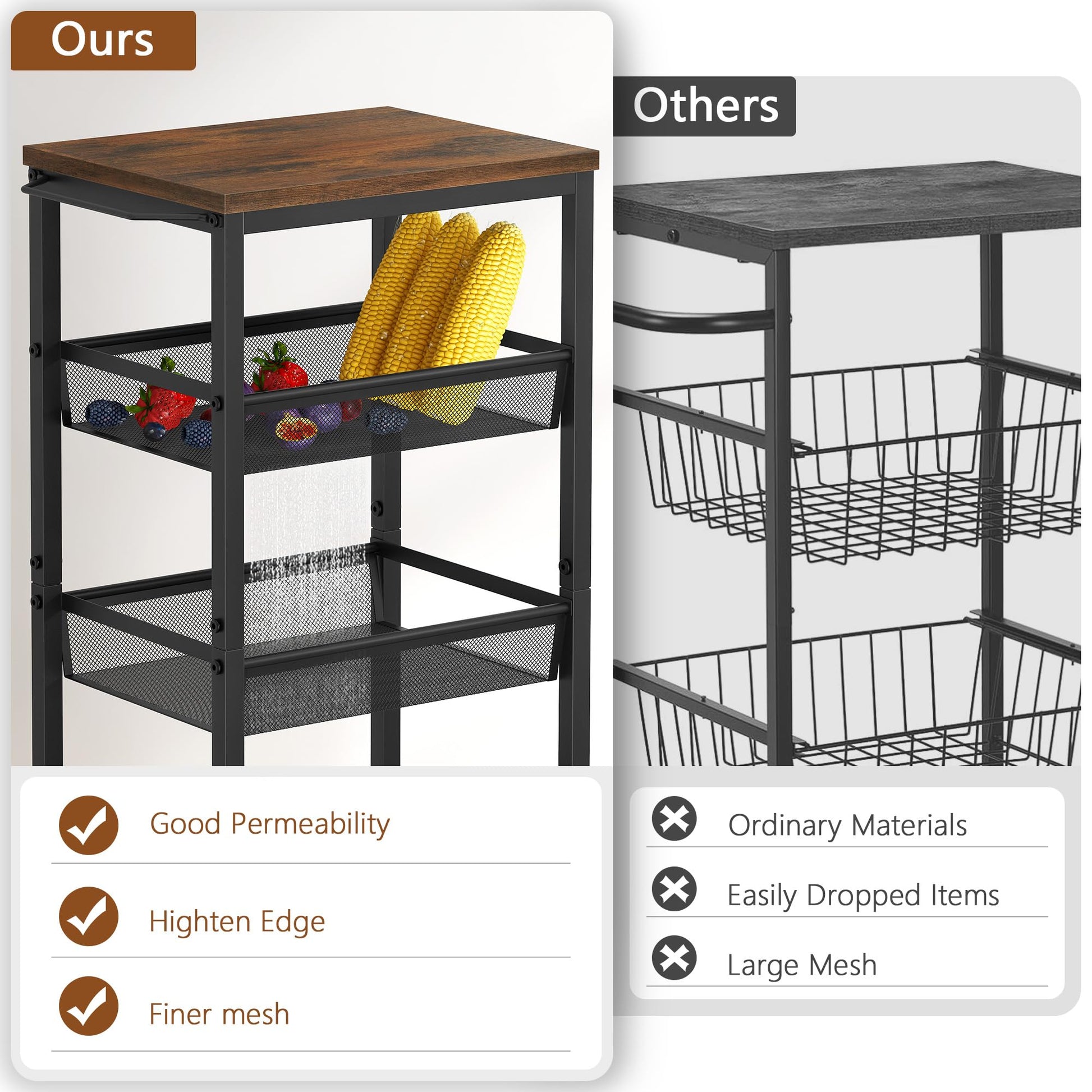 Hoctieon Rolling Storage Cart, 4-Tier 11.8" Wide Panel Kitchen Storage Cart, Utility Carts with