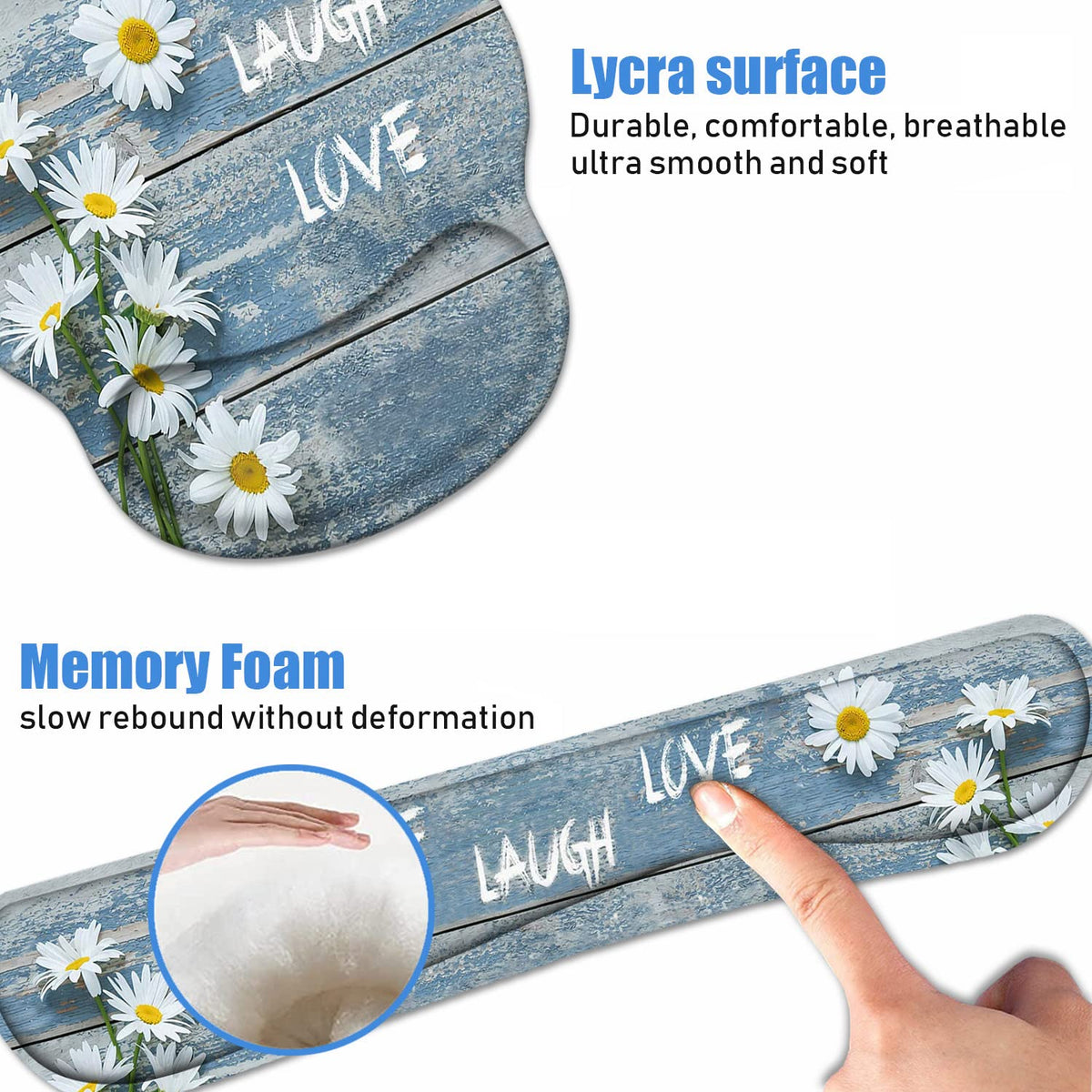 Keyboard Wrist Rest + Mouse Pad Wrist Support Set with Coasters, Dreamy Daisy Vintage Wood Board