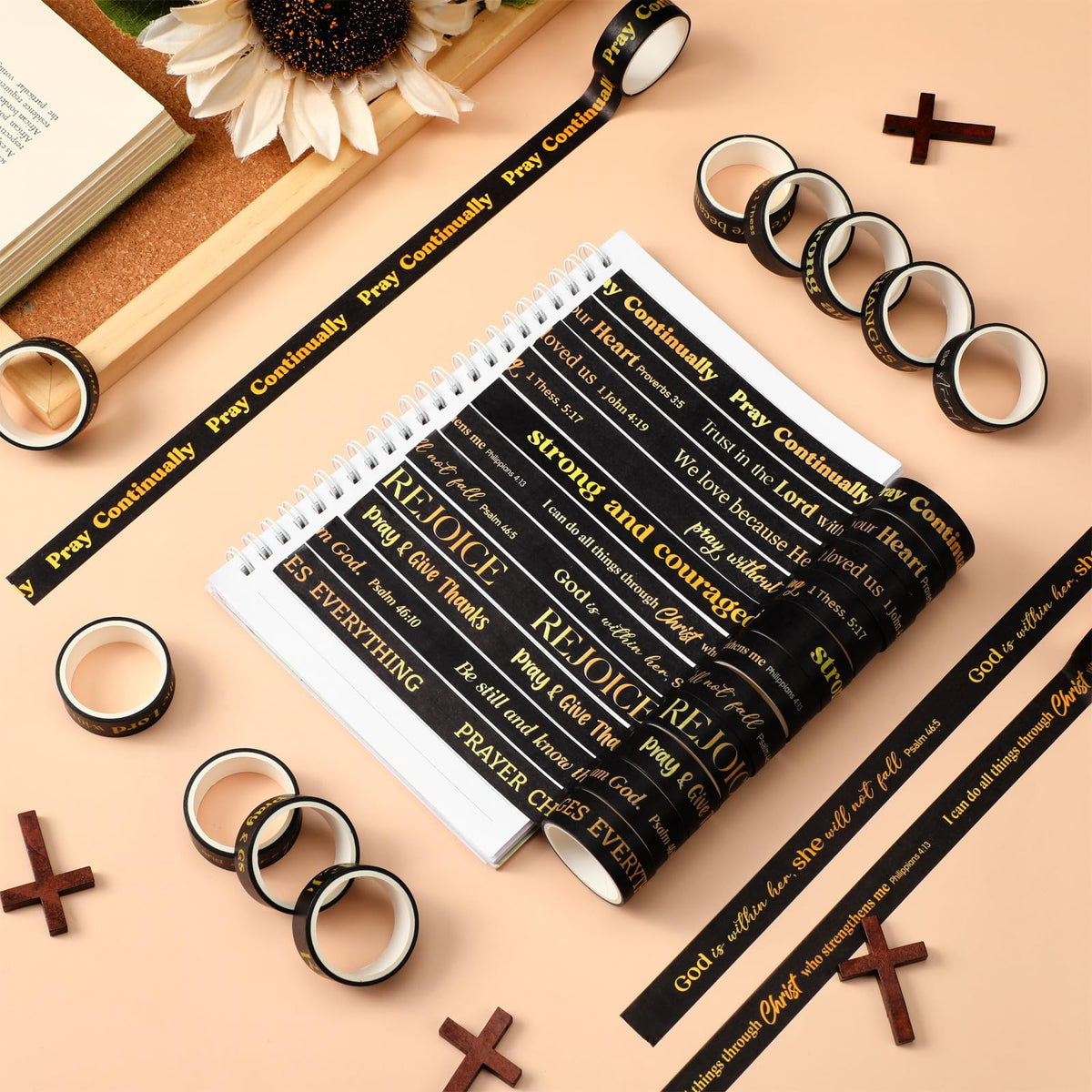 Janlaugh 24 Rolls Christian Washi Tape Gifts, Gold Foil Black Religious