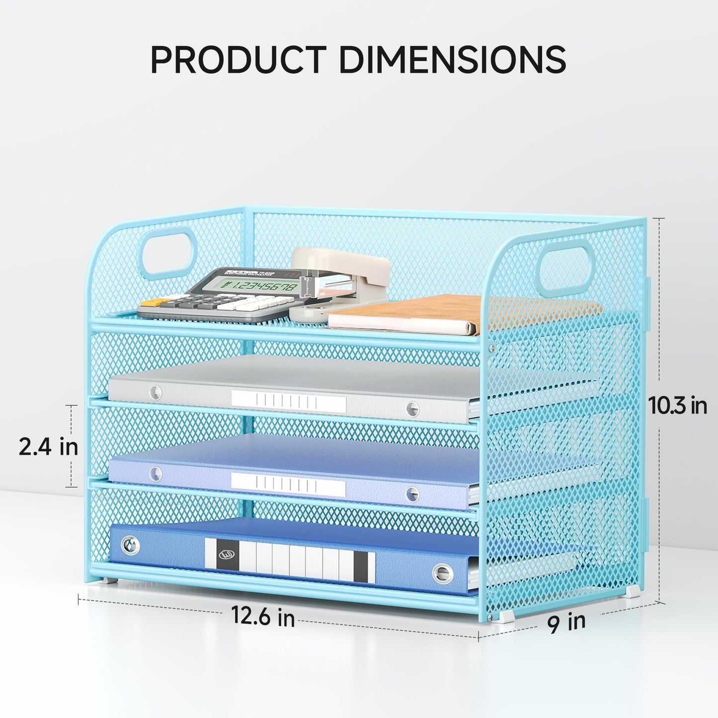 Lavatino 4-Tier Paper Organizer Trays - Blue Mesh File Folder Sorter with Handles, Desk Letter