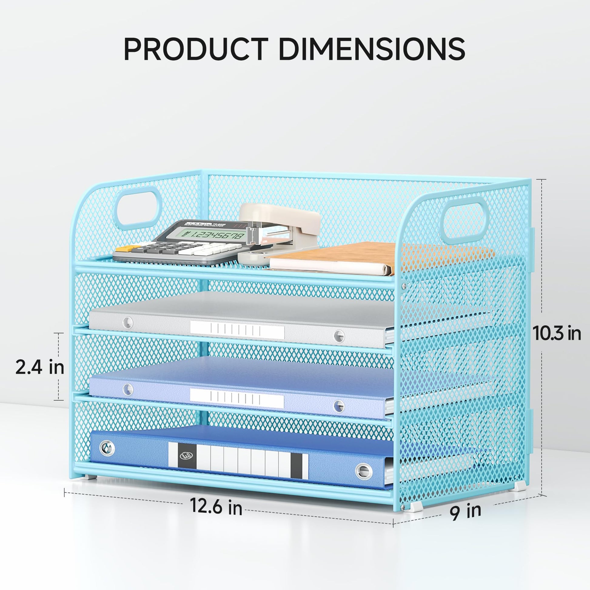 Lavatino 4-Tier Paper Organizer Trays - Blue Mesh File Folder Sorter with Handles, Desk Letter