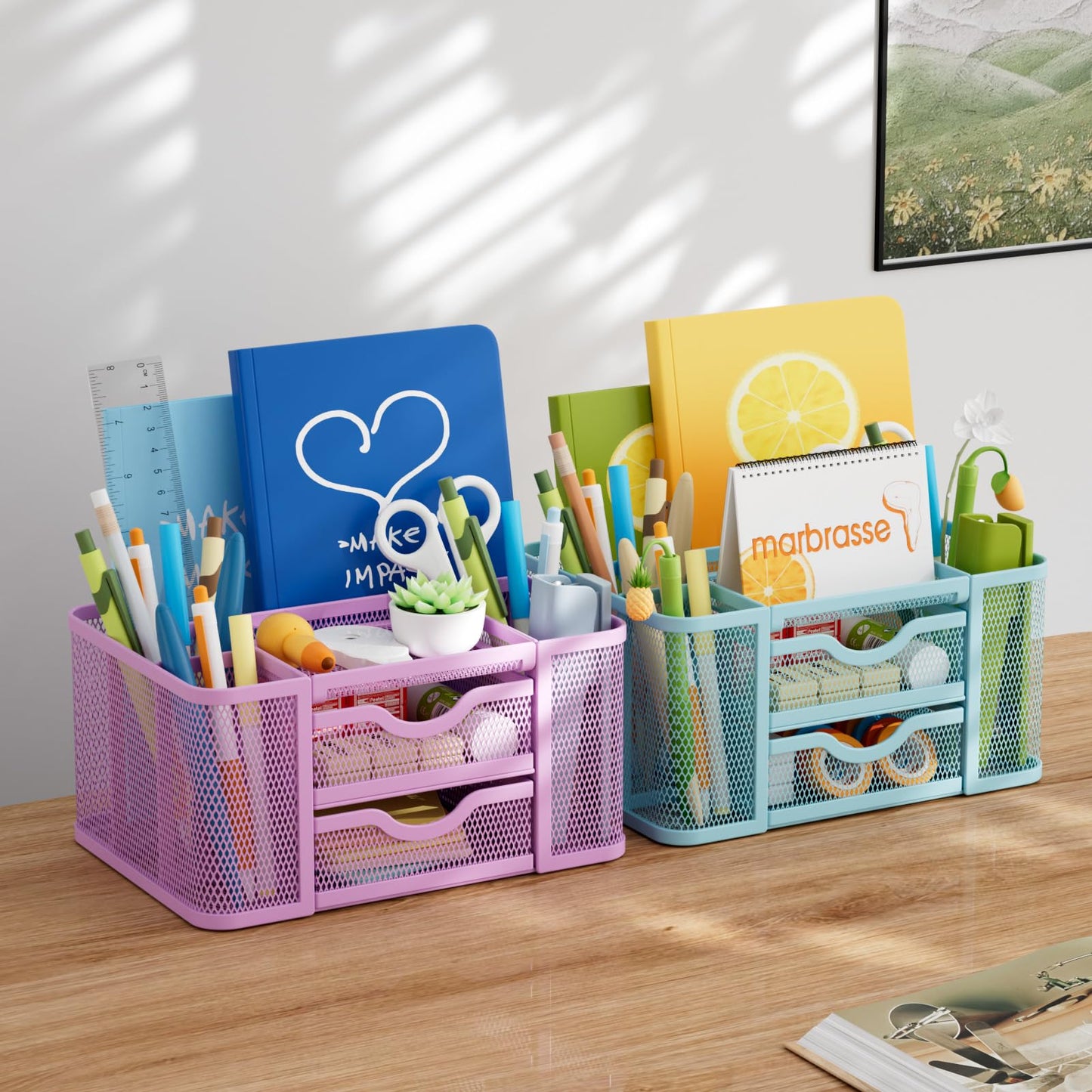 Marbrasse Mesh Desk Organizer, Pen Holder with 2 Drawer, Multi-Functional Pencil Holder, Desk