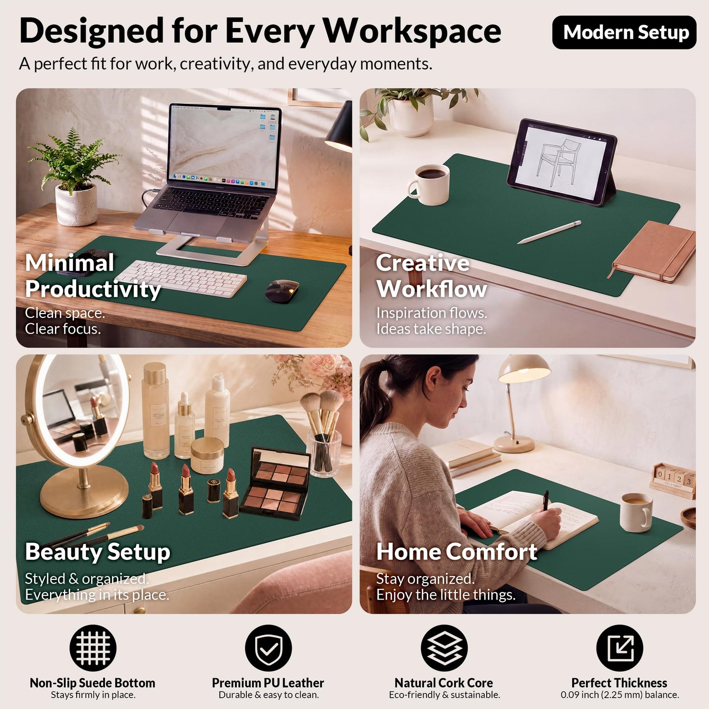 AFIING Cork Desk Mat, Dark Green, 35.4" x 17",Desk pad Protector