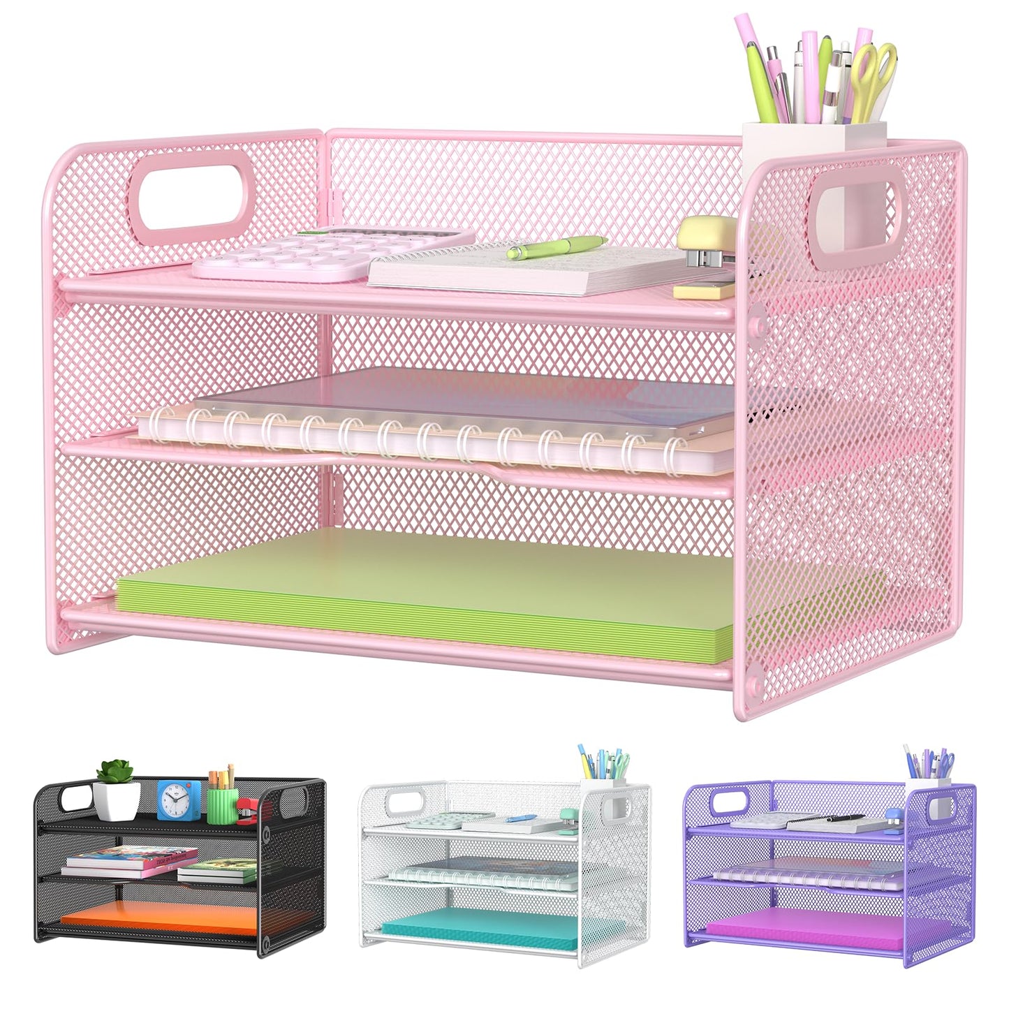Samstar 3 Tier Pink Letter Tray Paper Organizer with Handle, Mesh Desk Organizer Paper Sorter File
