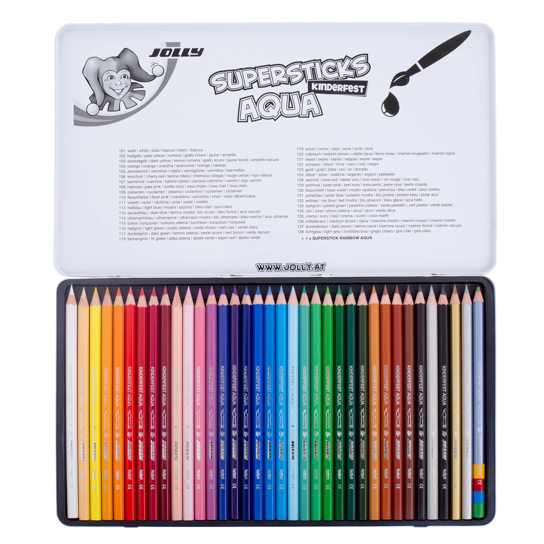 Jolly Supersticks Premium European Aqua Watercolor Pencils with Tin Carrying Case; Set of 36
