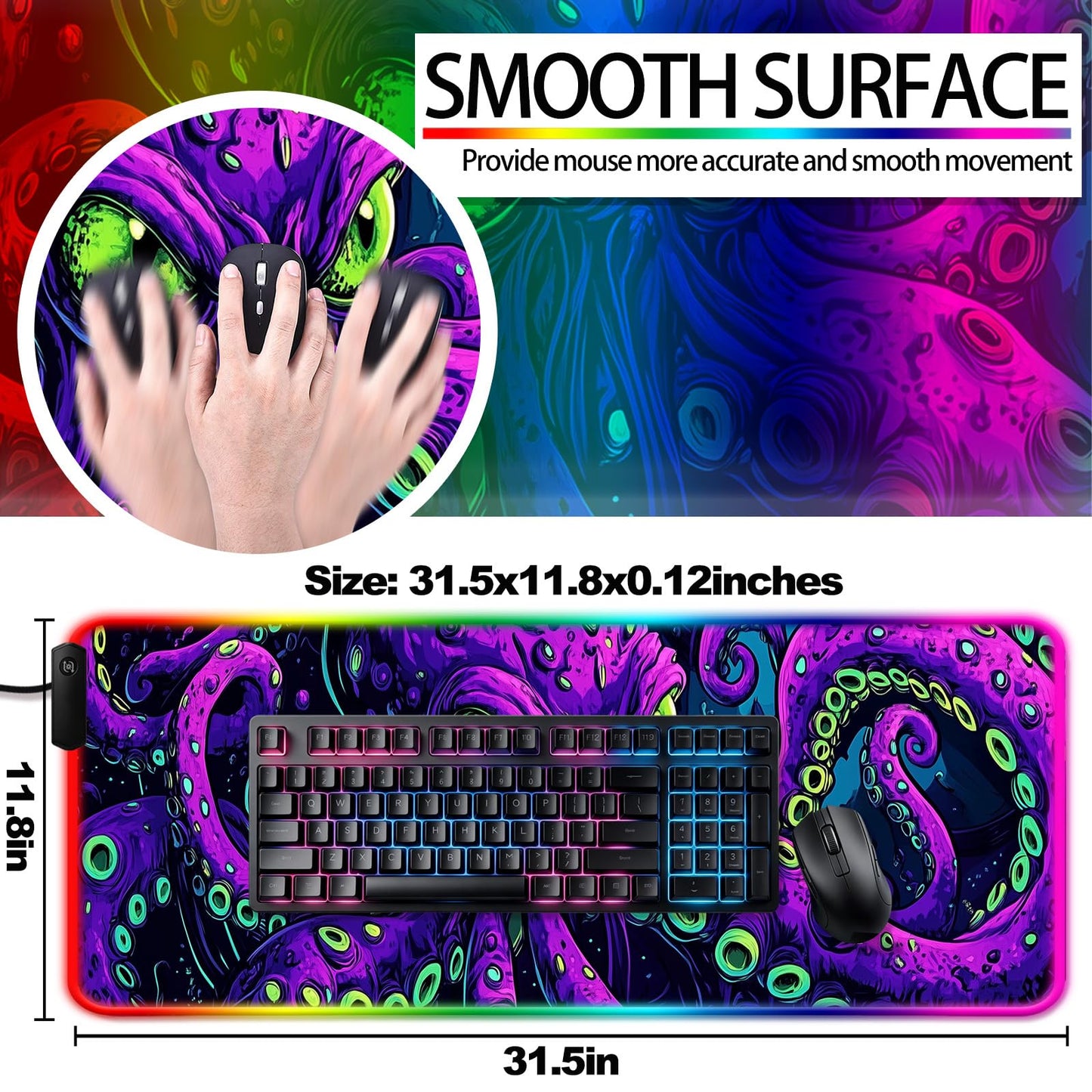 JIANG100 RGB Mystic Purple Octopus Gaming Desk Mat & Mouse Pad, XL