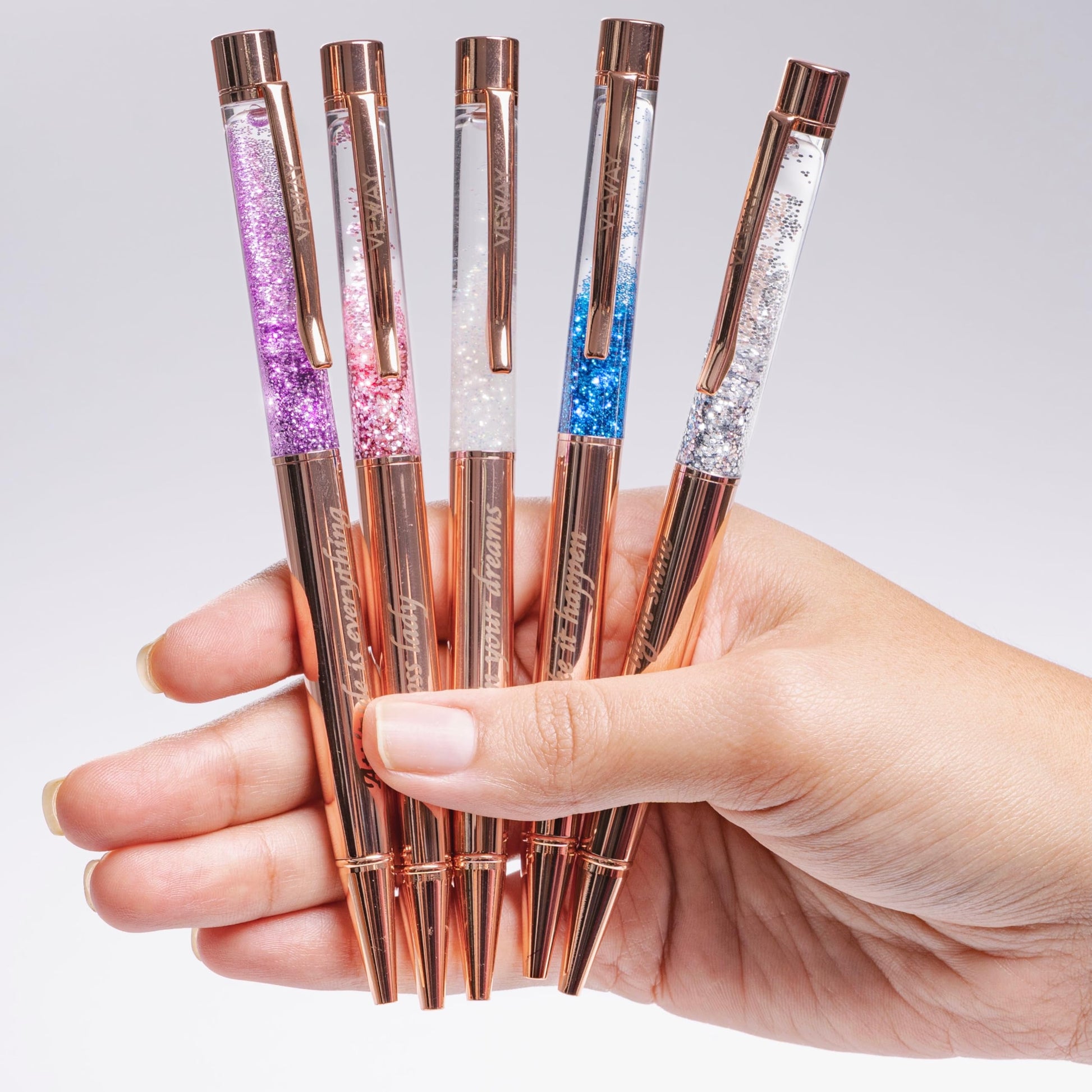 Veway Luxury Pens for Women, 5 Glitter Rose Gold Writing Pens, Black Ink