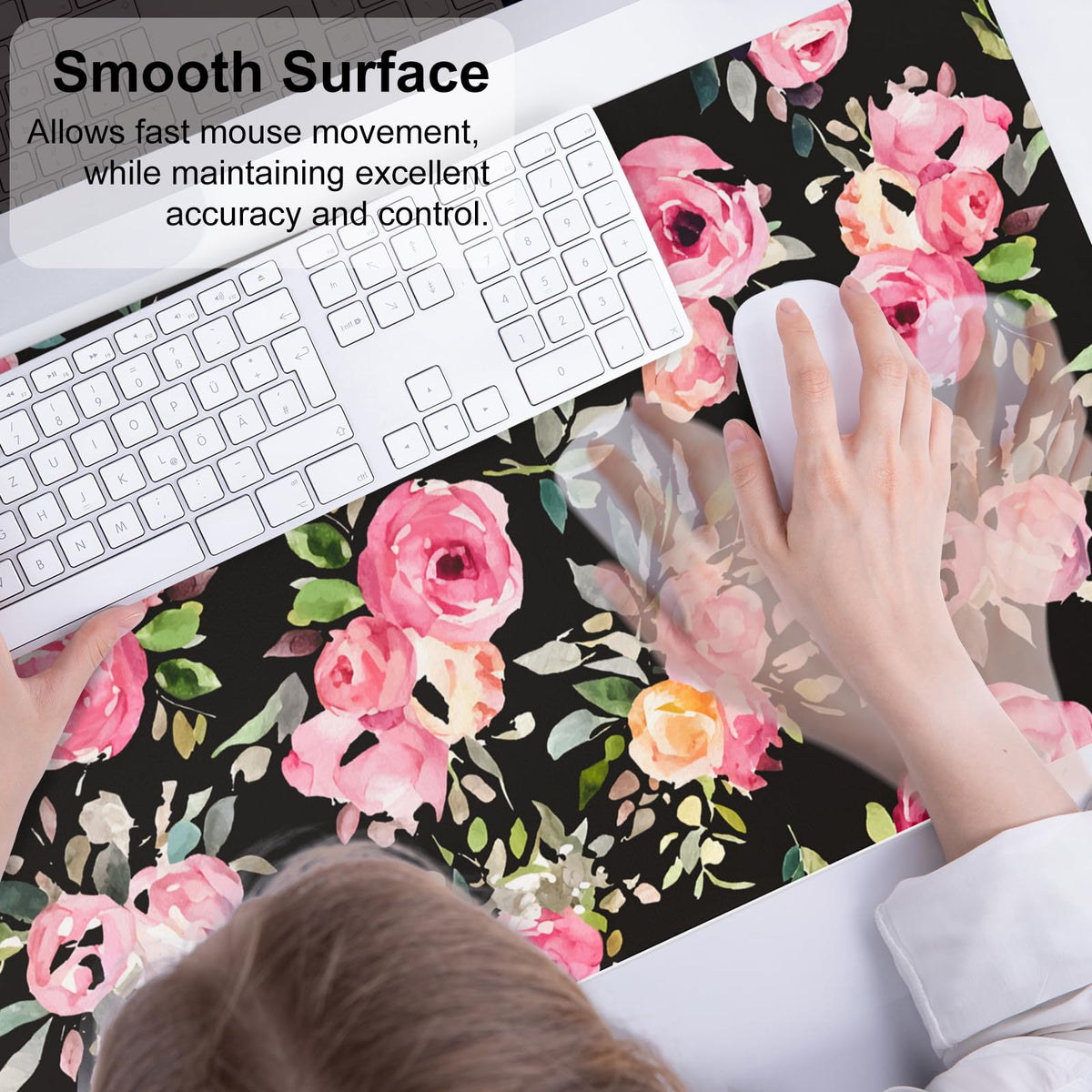 QiyI PU Leather Large Mouse Pad, Office Décor, 31.5" x 15.7", Pink Flowers
